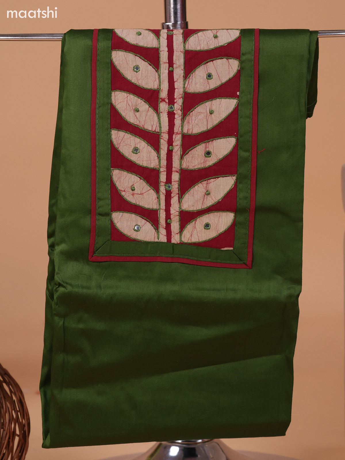 Sap Green and Maroon Cotton Dress Material With Plain Body & Batik Prints Patch Work Neck Pattern and Bottom & Dupatta