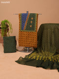 Mustard Yellow and Sap Green Cotton Dress Material With Allover Prints & Embroidery Work Neck Pattern and Bottom & Dupatta