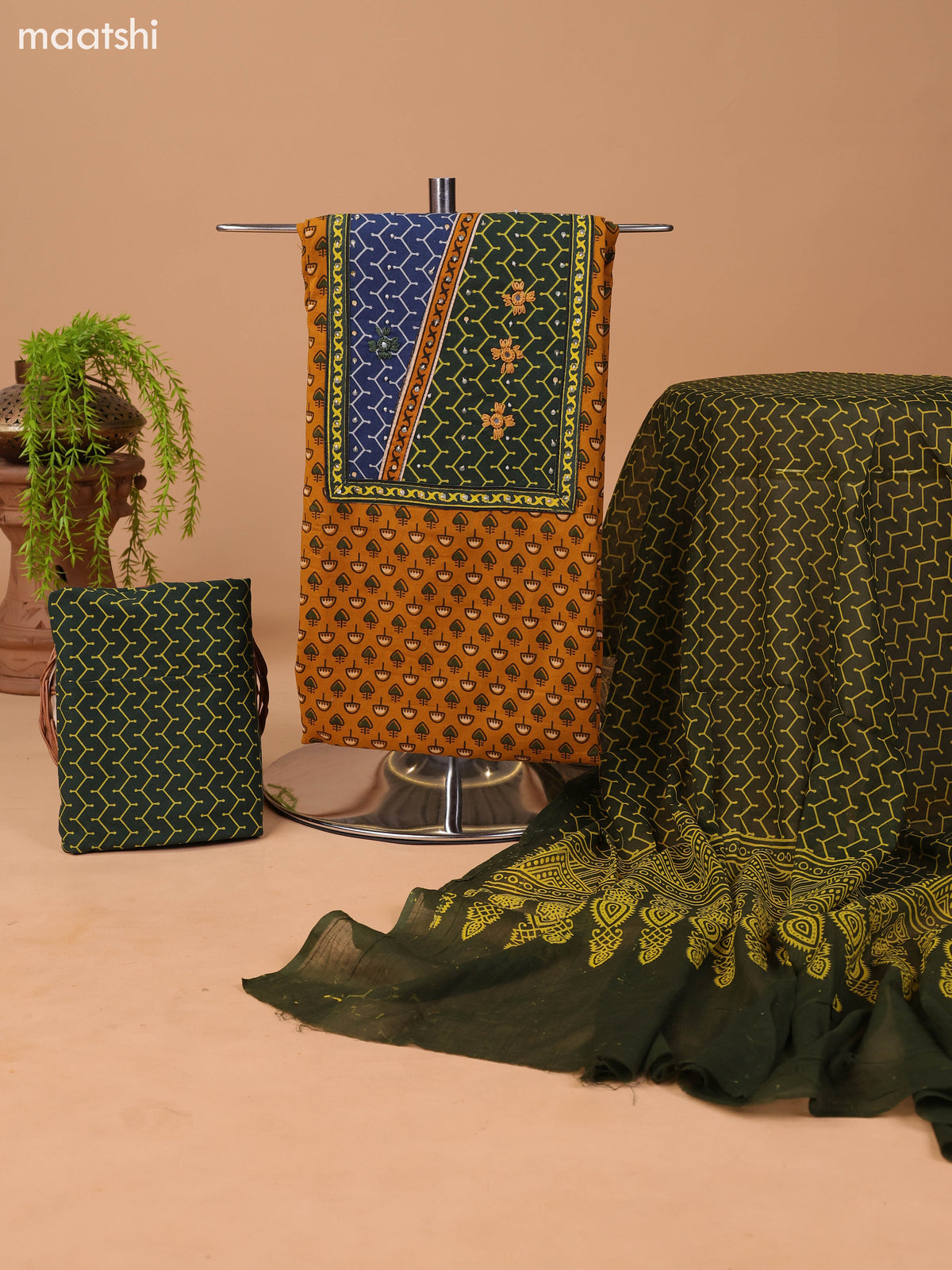 Mustard Yellow and Sap Green Cotton Dress Material With Allover Prints & Embroidery Work Neck Pattern and Bottom & Dupatta