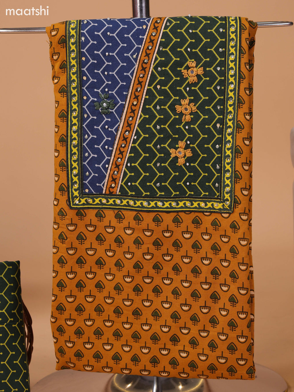 Mustard Yellow and Sap Green Cotton Dress Material With Allover Prints & Embroidery Work Neck Pattern and Bottom & Dupatta