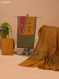 Sap Green and Mustard Yellow Cotton Dress Material With Allover Prints & Embroidery Work Neck Pattern and Bottom & Dupatta