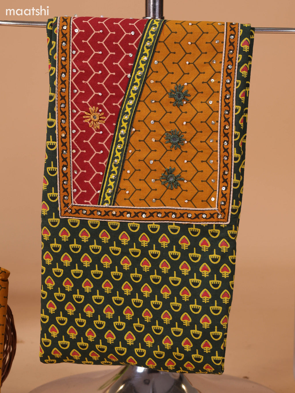 Sap Green and Mustard Yellow Cotton Dress Material With Allover Prints & Embroidery Work Neck Pattern and Bottom & Dupatta