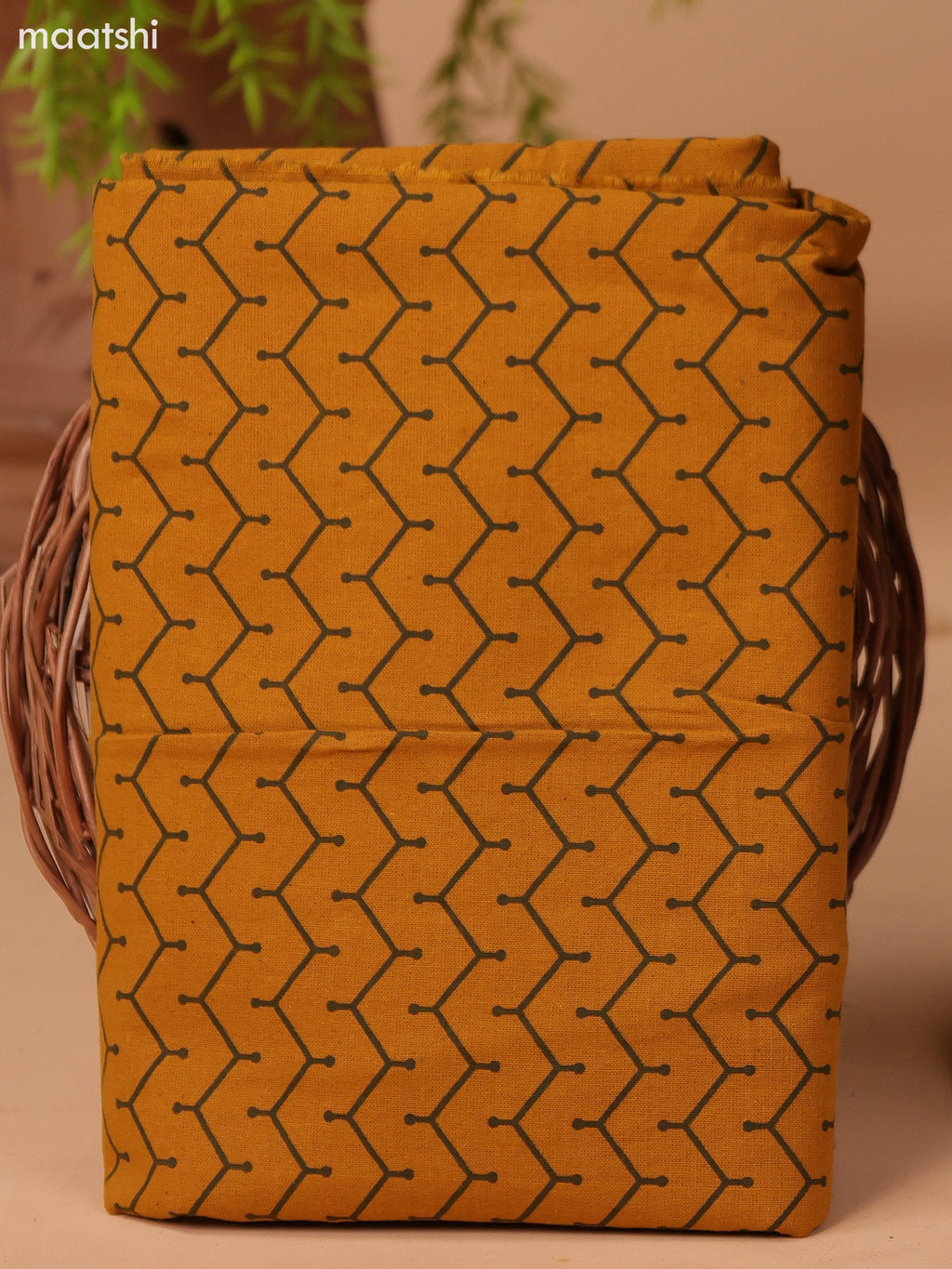 Sap Green and Mustard Yellow Cotton Dress Material With Allover Prints & Embroidery Work Neck Pattern and Bottom & Dupatta