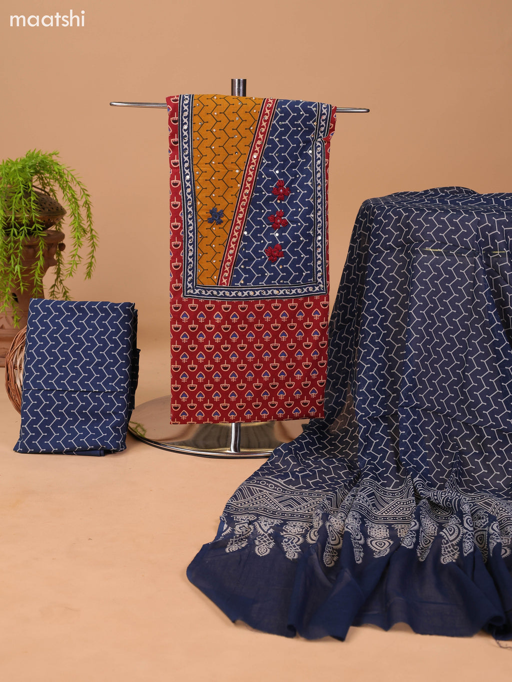 Dark Rust and Navy Blue Cotton Dress Material With Allover Prints & Embroidery Work Neck Pattern and Bottom & Dupatta