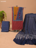 Dark Rust and Navy Blue Cotton Dress Material With Allover Prints & Embroidery Work Neck Pattern and Bottom & Dupatta
