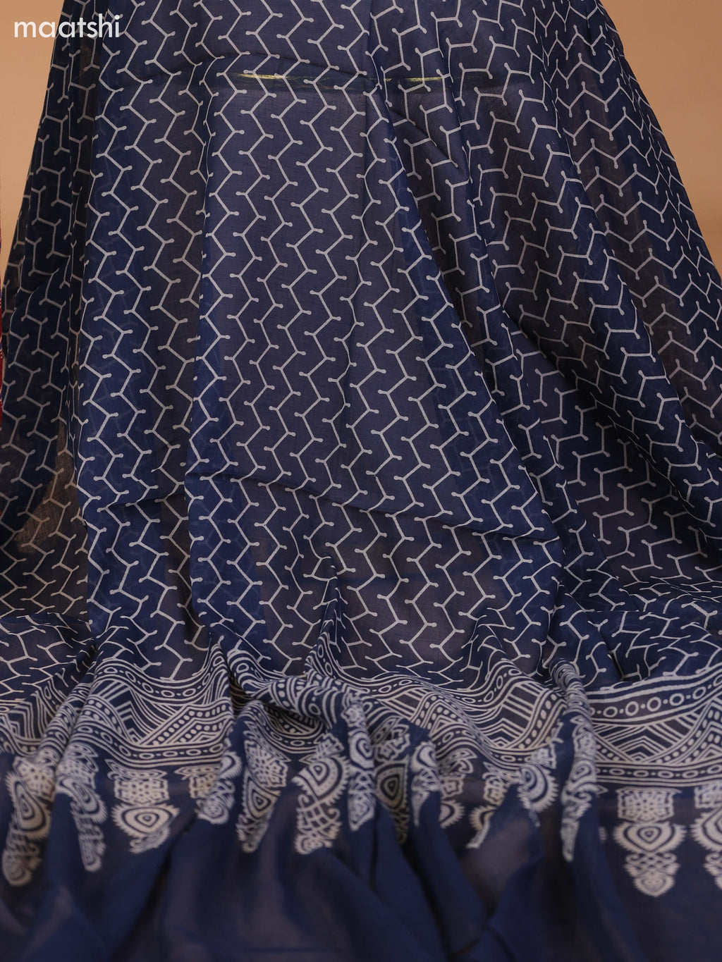 Dark Rust and Navy Blue Cotton Dress Material With Allover Prints & Embroidery Work Neck Pattern and Bottom & Dupatta