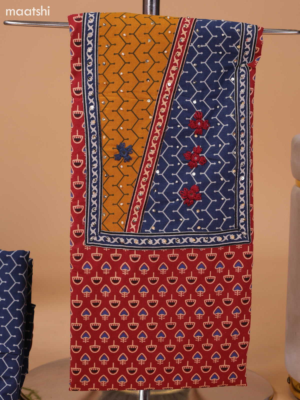Dark Rust and Navy Blue Cotton Dress Material With Allover Prints & Embroidery Work Neck Pattern and Bottom & Dupatta