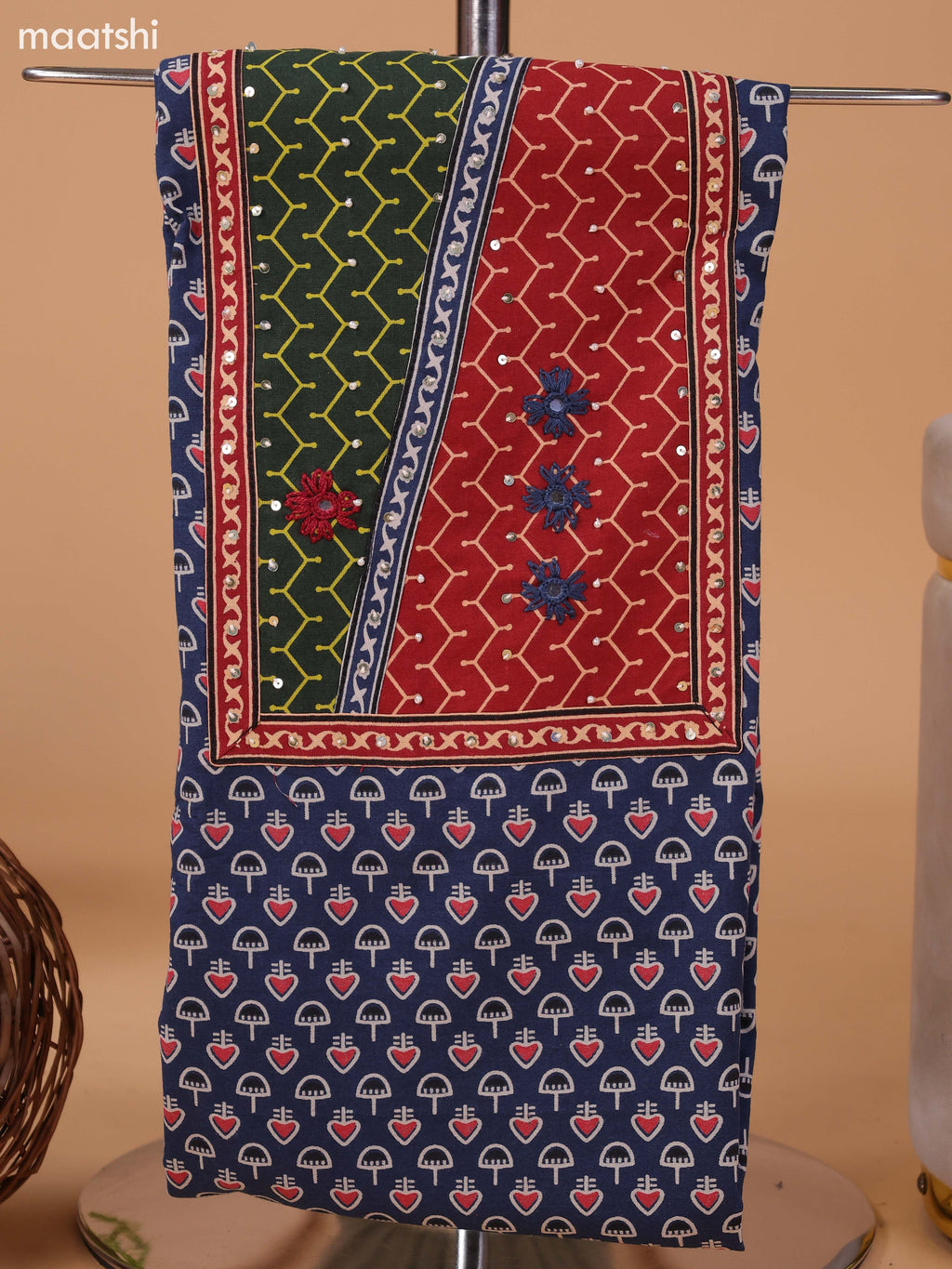 Navy Blue and Dark Rust Cotton Dress Material With Allover Prints & Embroidery Work Neck Pattern and Bottom & Dupatta