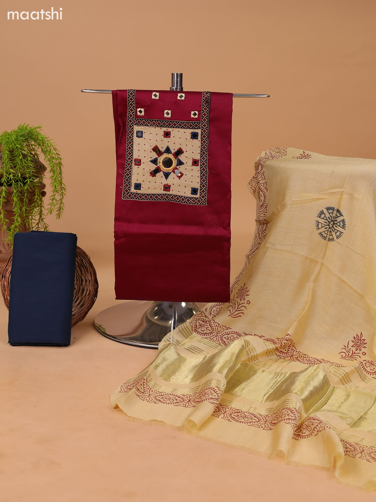 Deep Maroon and Navy Blue Cotton Dress Material With Plain Body & Embroidery Work Neck Pattern and Bottom & Dupatta