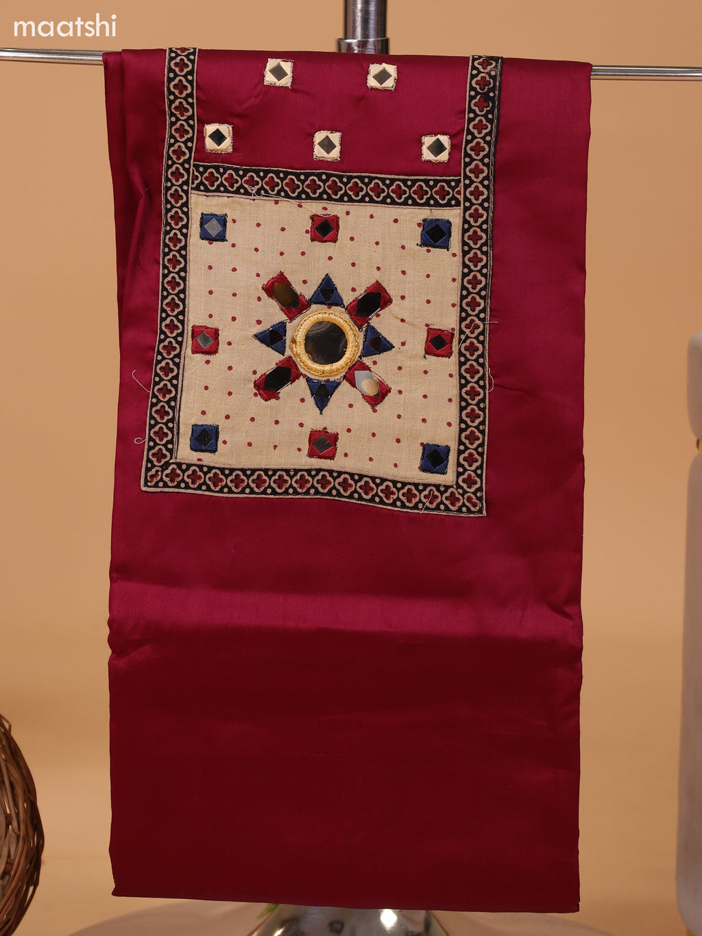 Deep Maroon and Navy Blue Cotton Dress Material With Plain Body & Embroidery Work Neck Pattern and Bottom & Dupatta