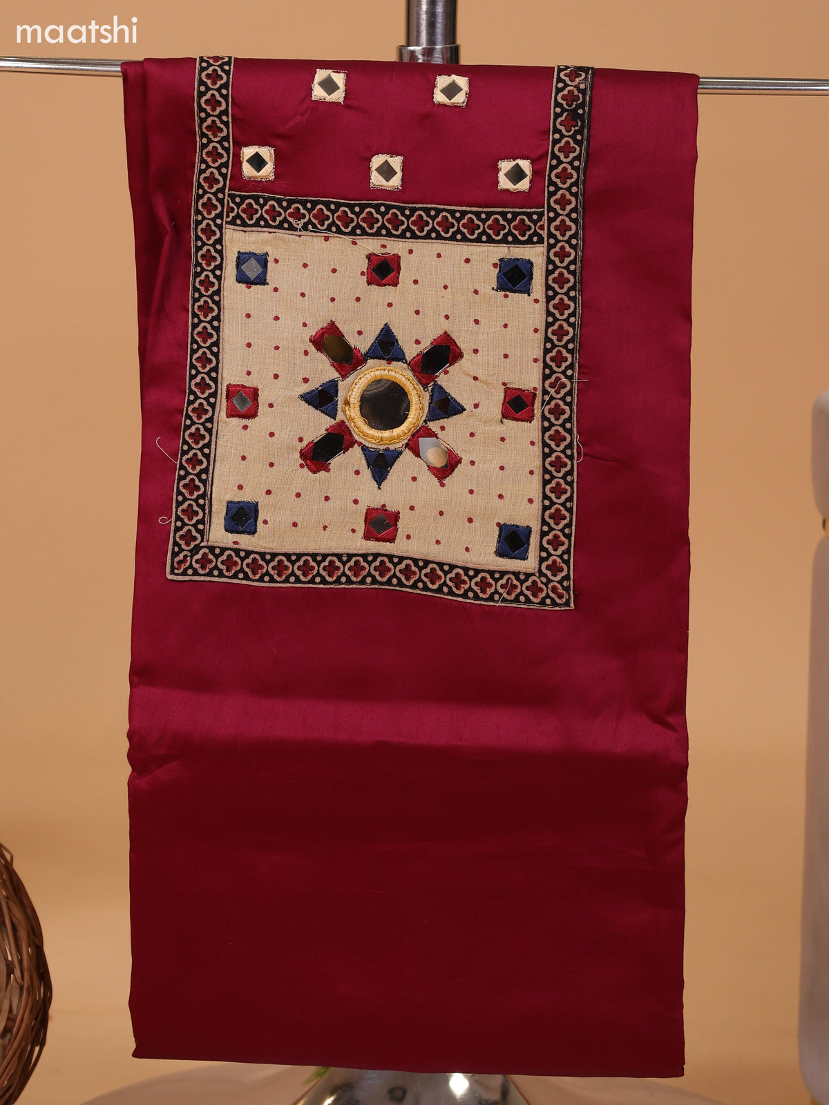 Deep Maroon and Navy Blue Cotton Dress Material With Plain Body & Embroidery Work Neck Pattern and Bottom & Dupatta