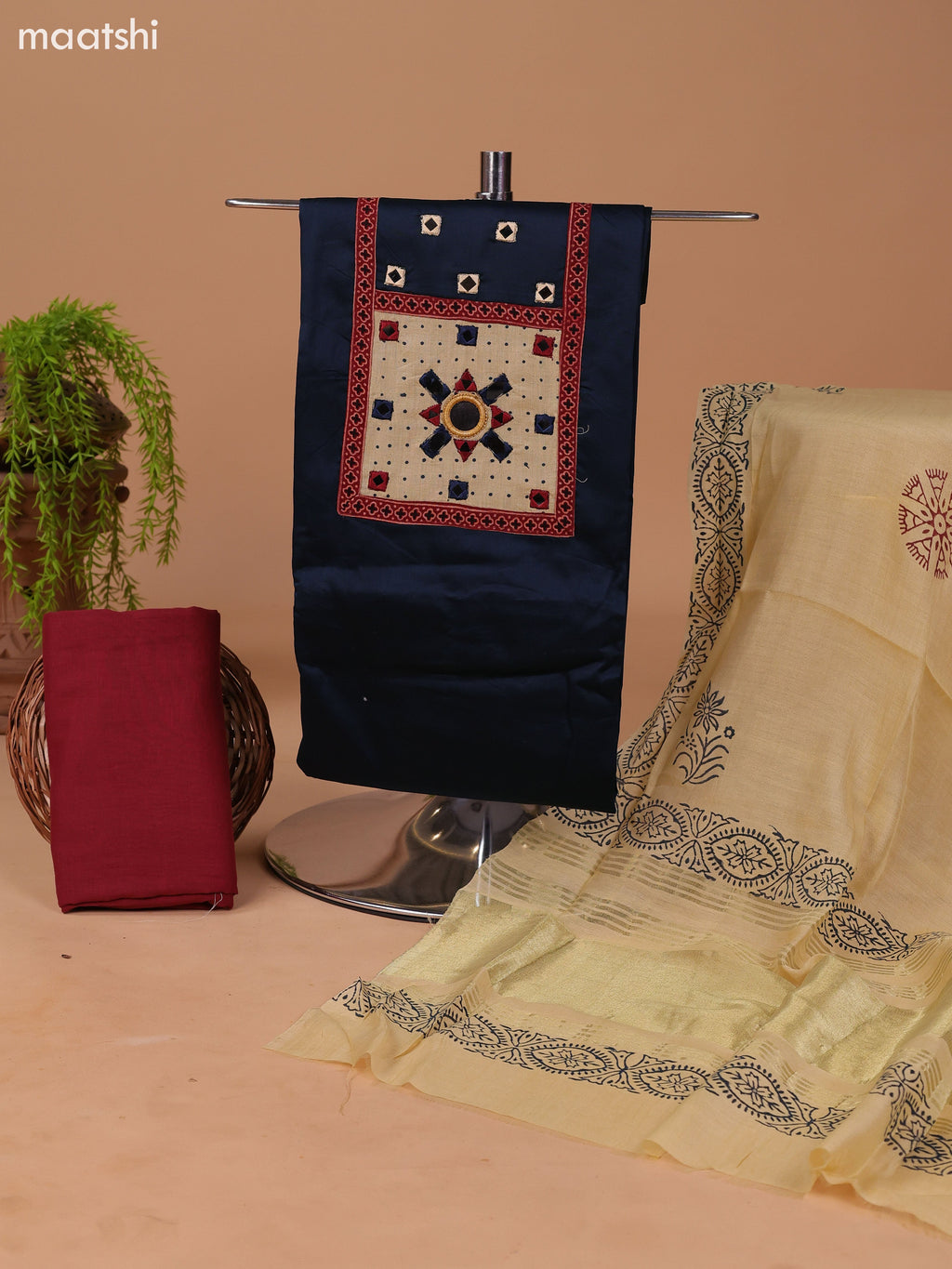 Sap Green and Mustard Green Cotton Dress Material With Plain Body & Embroidery Work Neck Pattern and Bottom & Dupatta