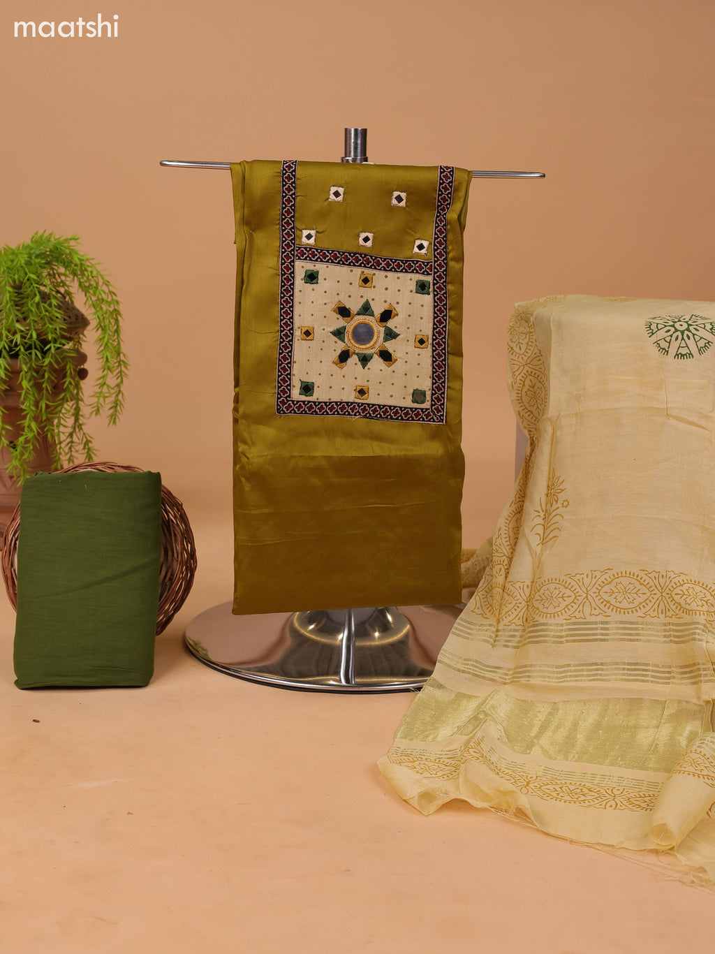 Mustard Green and Sap Green Cotton Dress Material With Plain Body & Embroidery Work Neck Pattern and Bottom & Dupatta