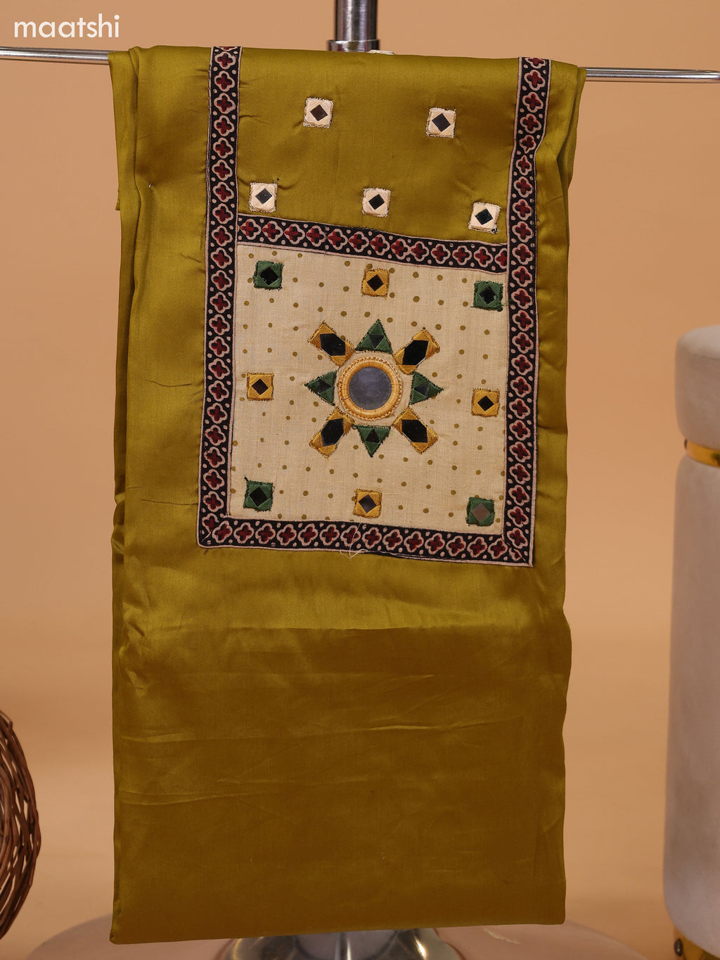 Mustard Green and Sap Green Cotton Dress Material With Plain Body & Embroidery Work Neck Pattern and Bottom & Dupatta