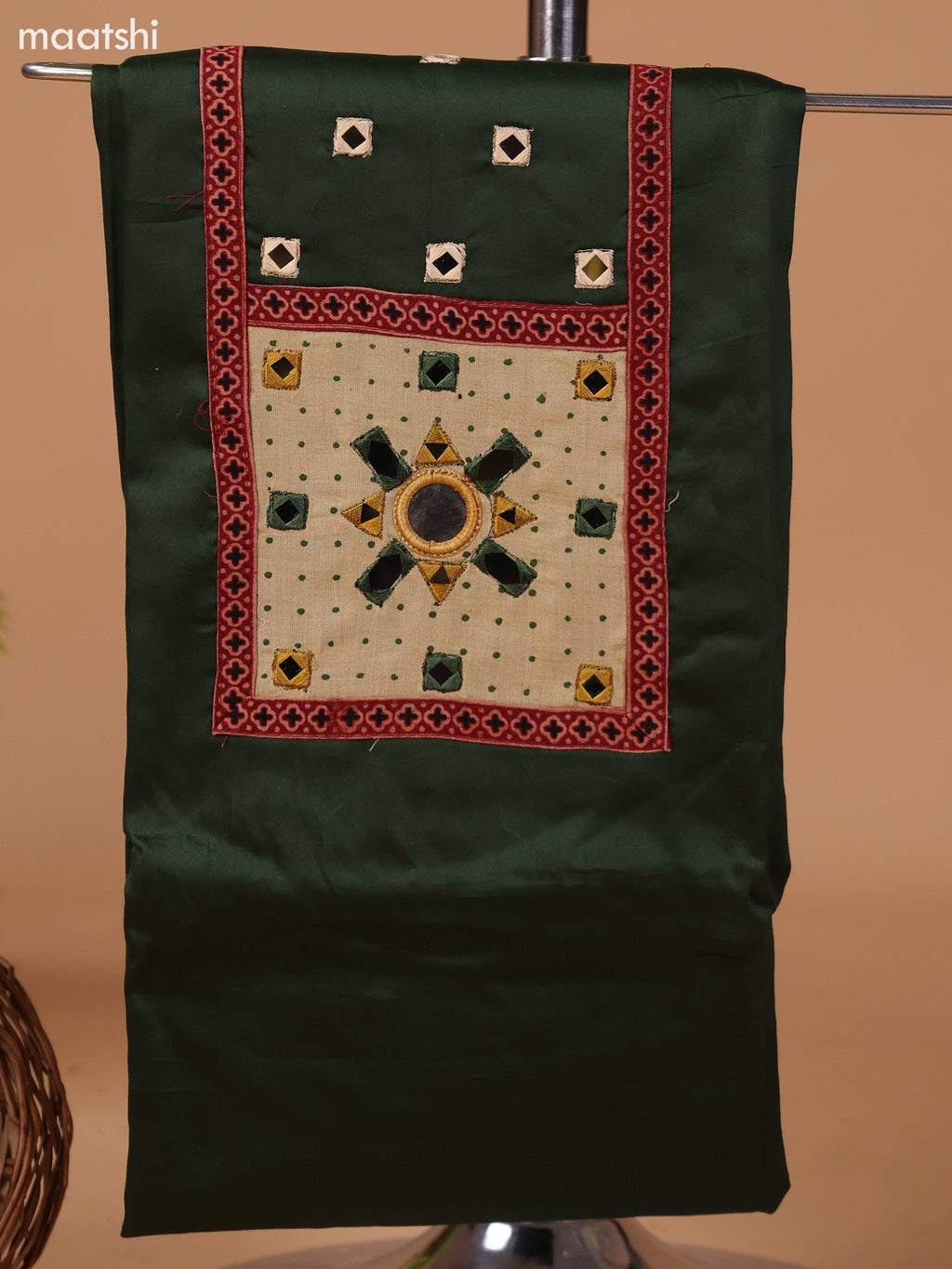 Dark Peacock Blue and Dark Rust Cotton Dress Material With Plain Body & Embroidery Work Neck Pattern and Bottom & Dupatta