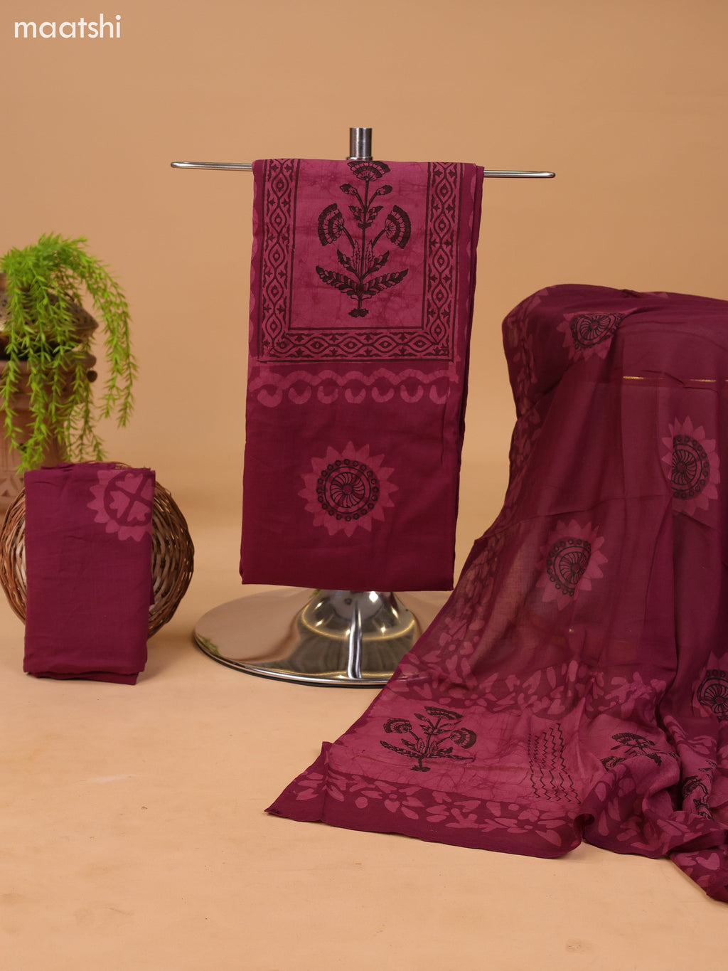Deep Wine Shade Cotton Dress Material With Floral Prints and Bottom & Dupatta