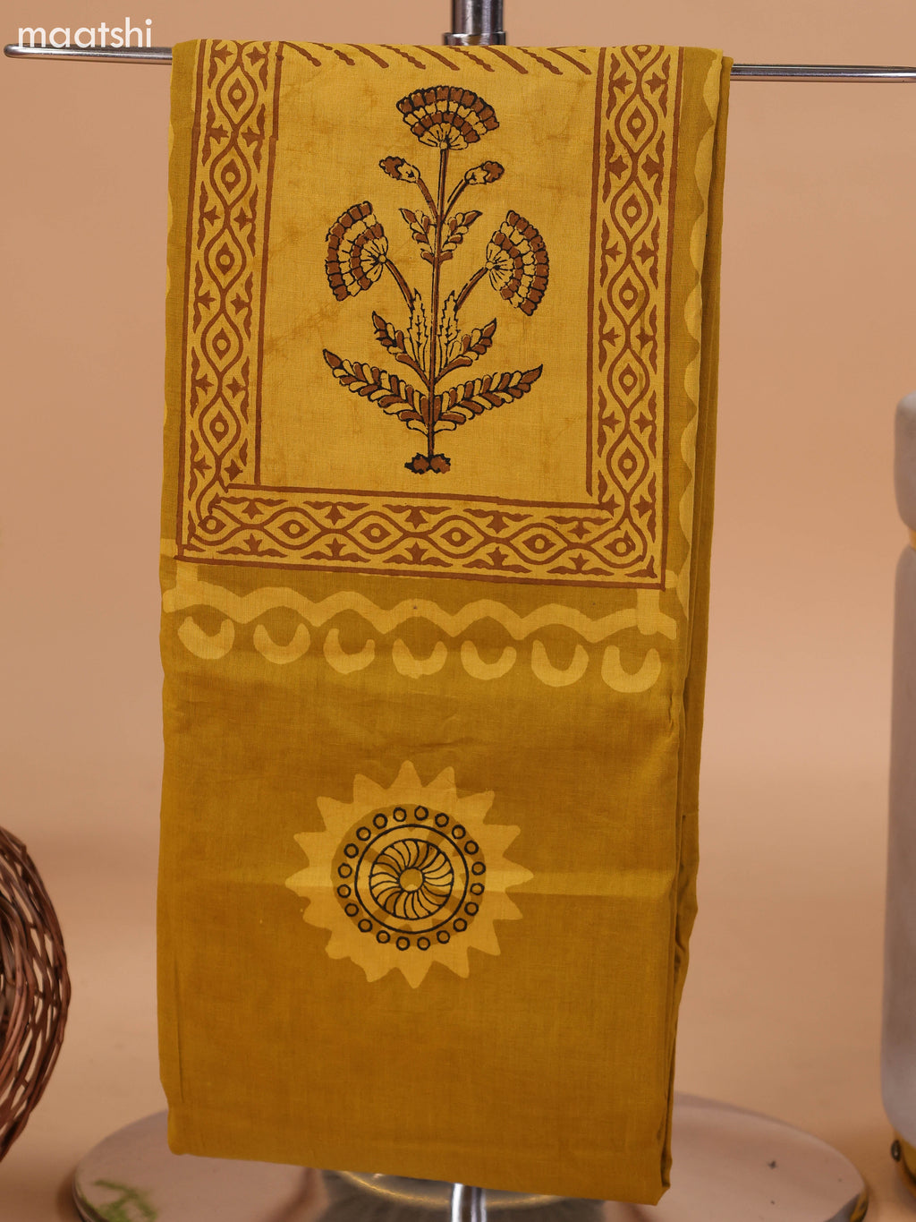 Mustard Yellow Cotton Dress Material With Floral Prints and Bottom & Dupatta