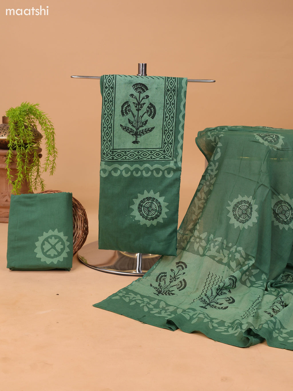 Pastel Green Cotton Dress Material With Floral Prints and Bottom & Dupatta