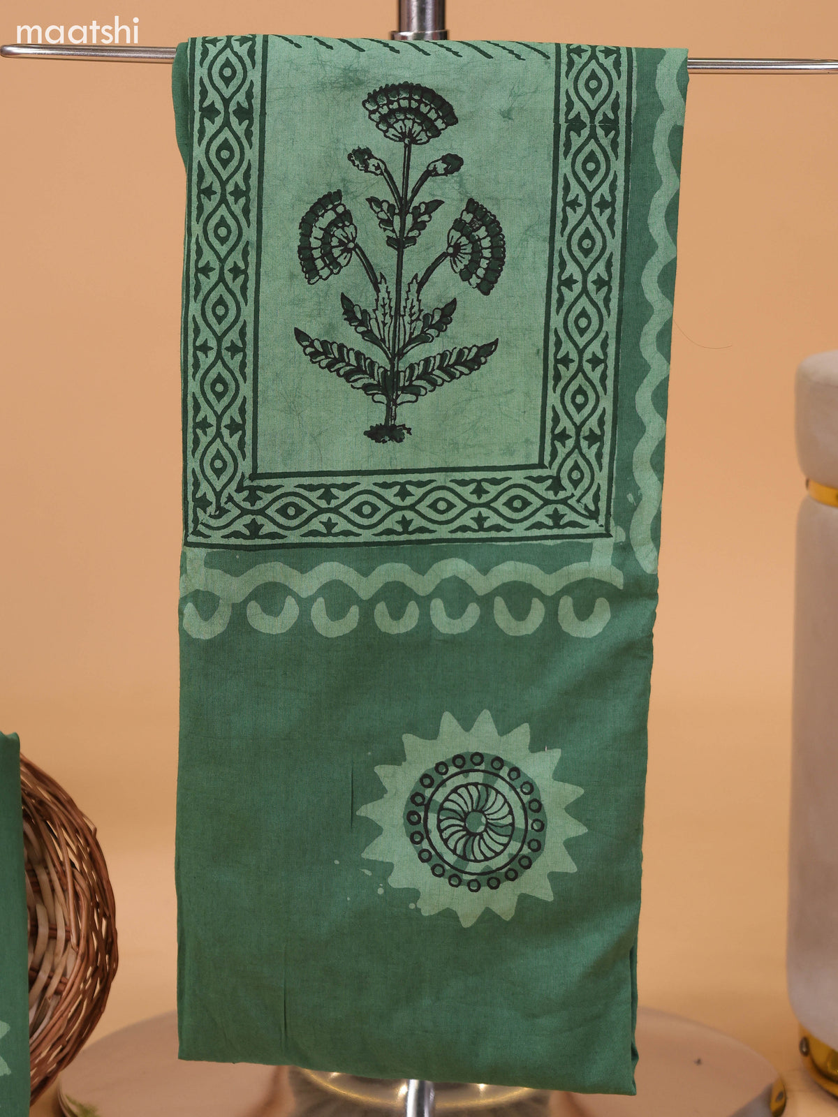 Pastel Green Cotton Dress Material With Floral Prints and Bottom & Dupatta