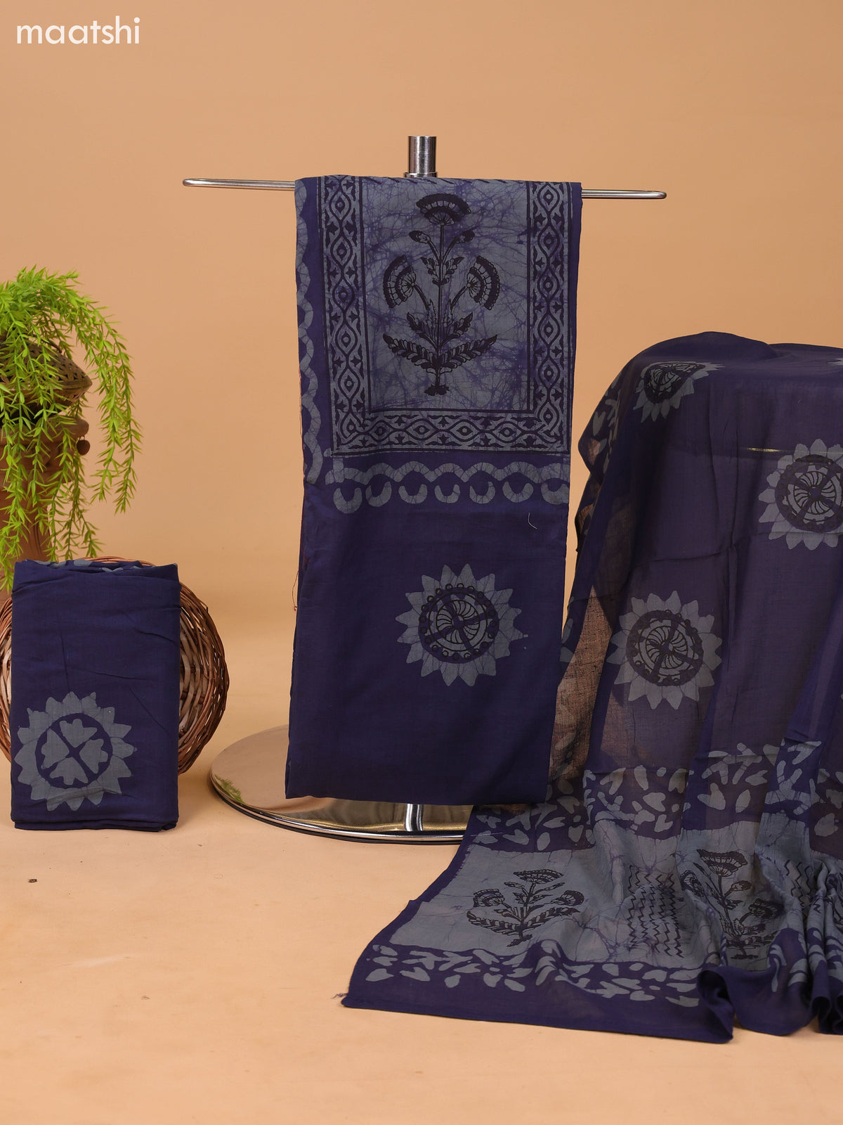 Navy Blue Cotton Dress Material With Floral Prints and Bottom & Dupatta