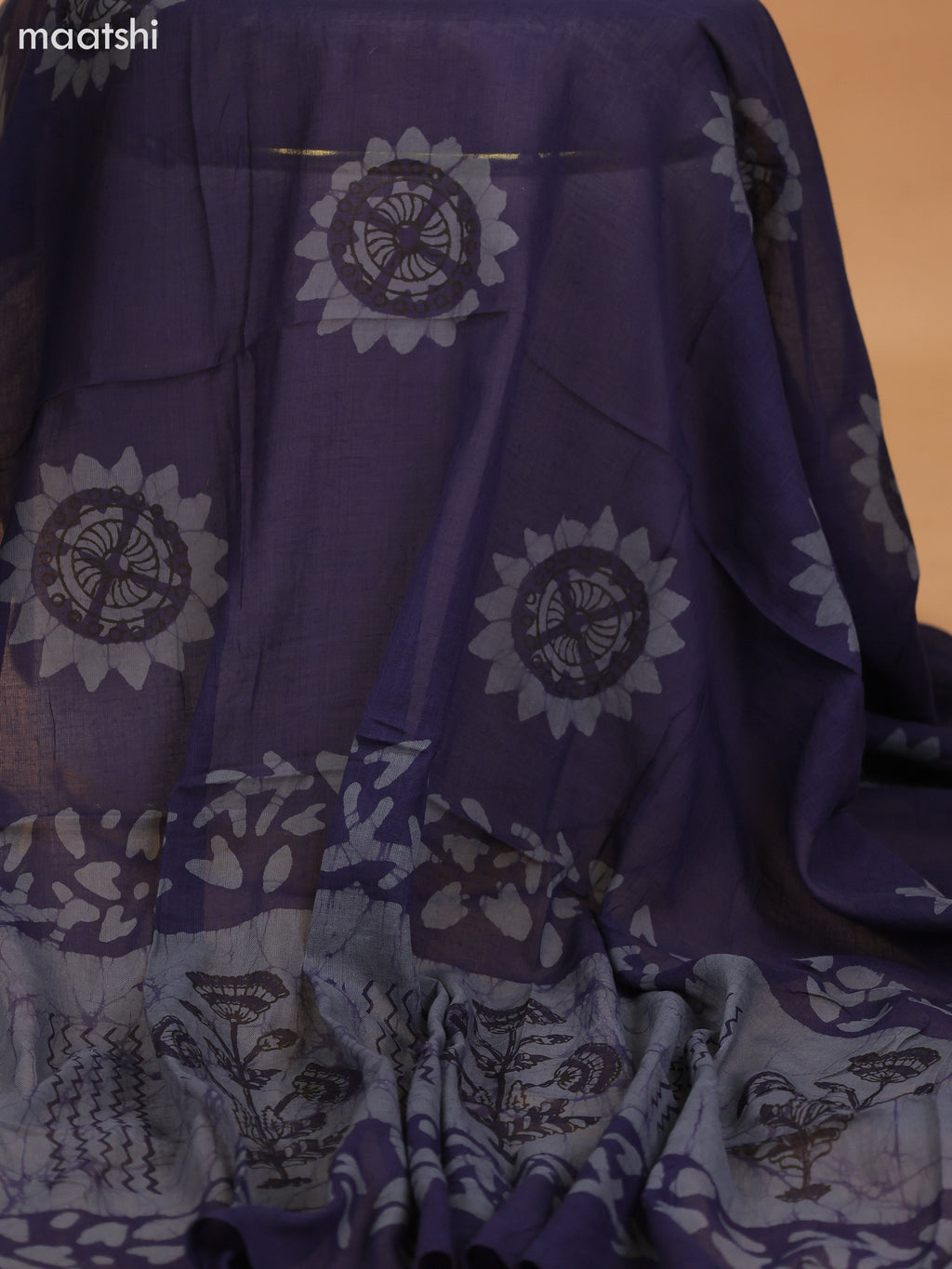 Navy Blue Cotton Dress Material With Floral Prints and Bottom & Dupatta