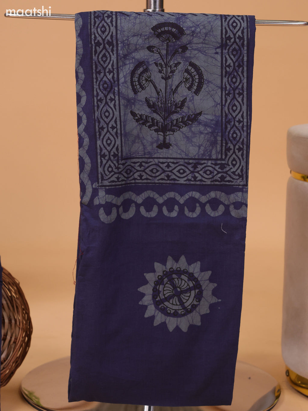 Navy Blue Cotton Dress Material With Floral Prints and Bottom & Dupatta