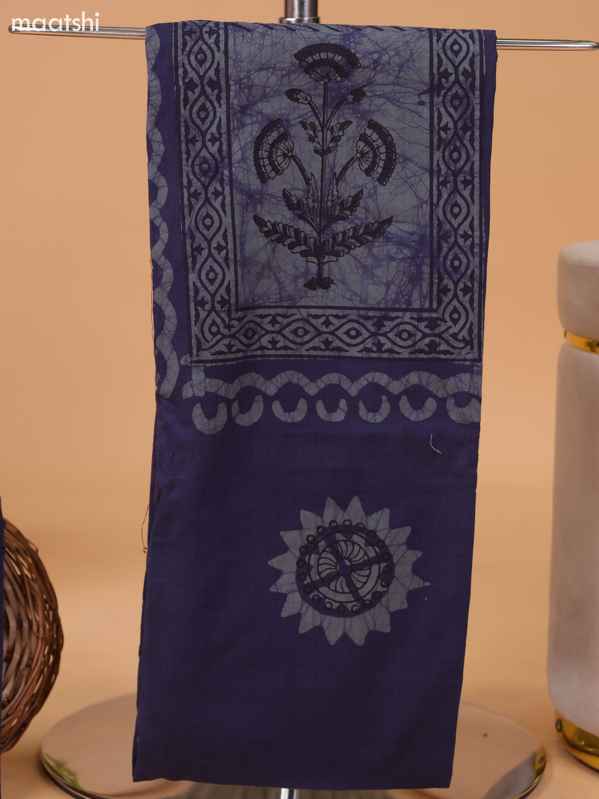 Navy Blue Cotton Dress Material With Floral Prints and Bottom & Dupatta