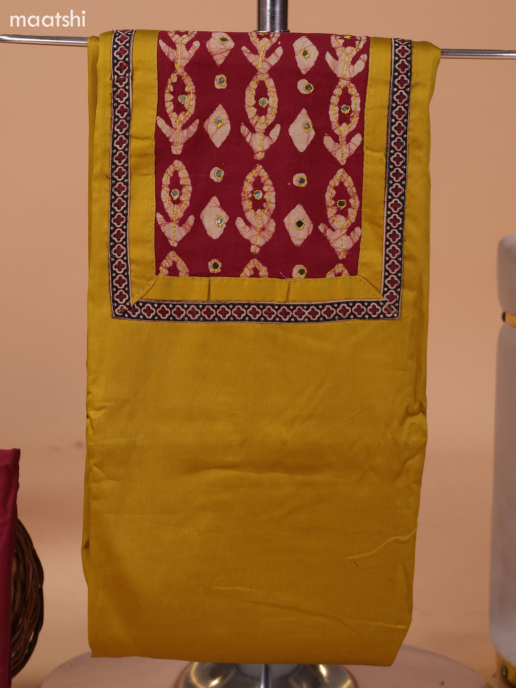 Mustard Green and Maroon Cotton Dress Material With Plain Body & Batik Prints Patch Work Neck Pattern and Bottom & Dupatta