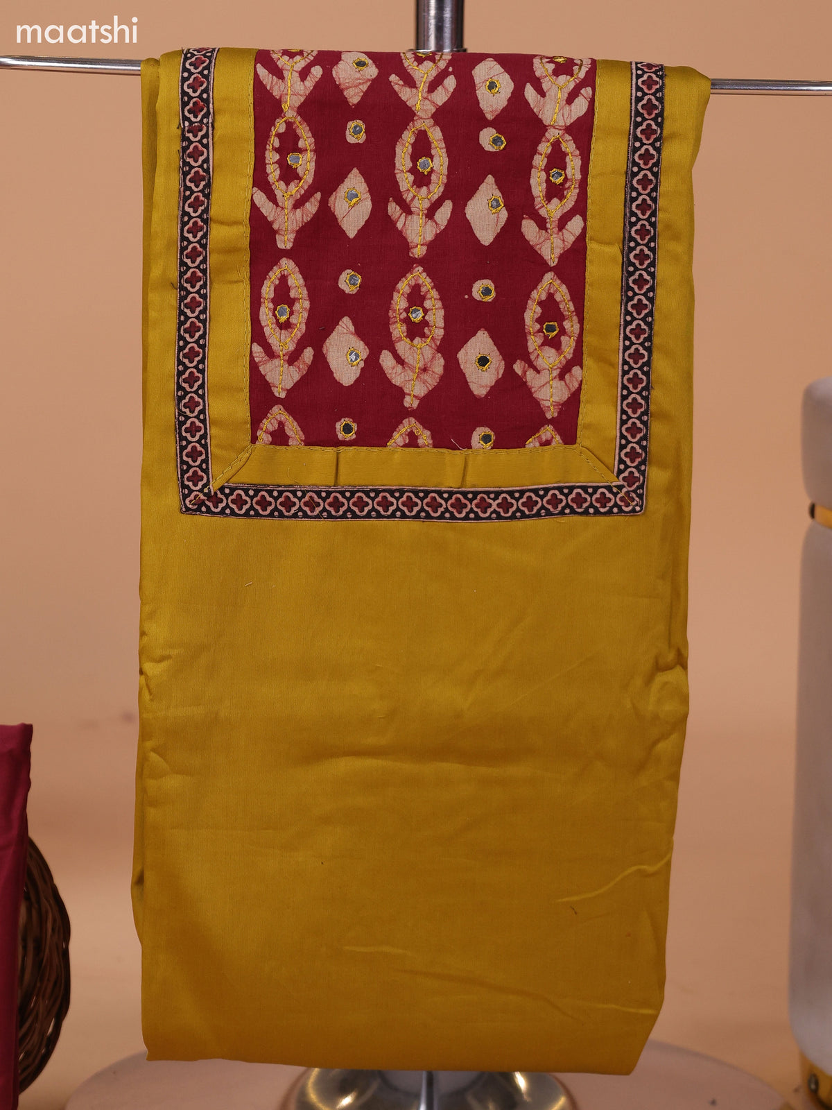Mustard Green and Maroon Cotton Dress Material With Plain Body & Batik Prints Patch Work Neck Pattern and Bottom & Dupatta