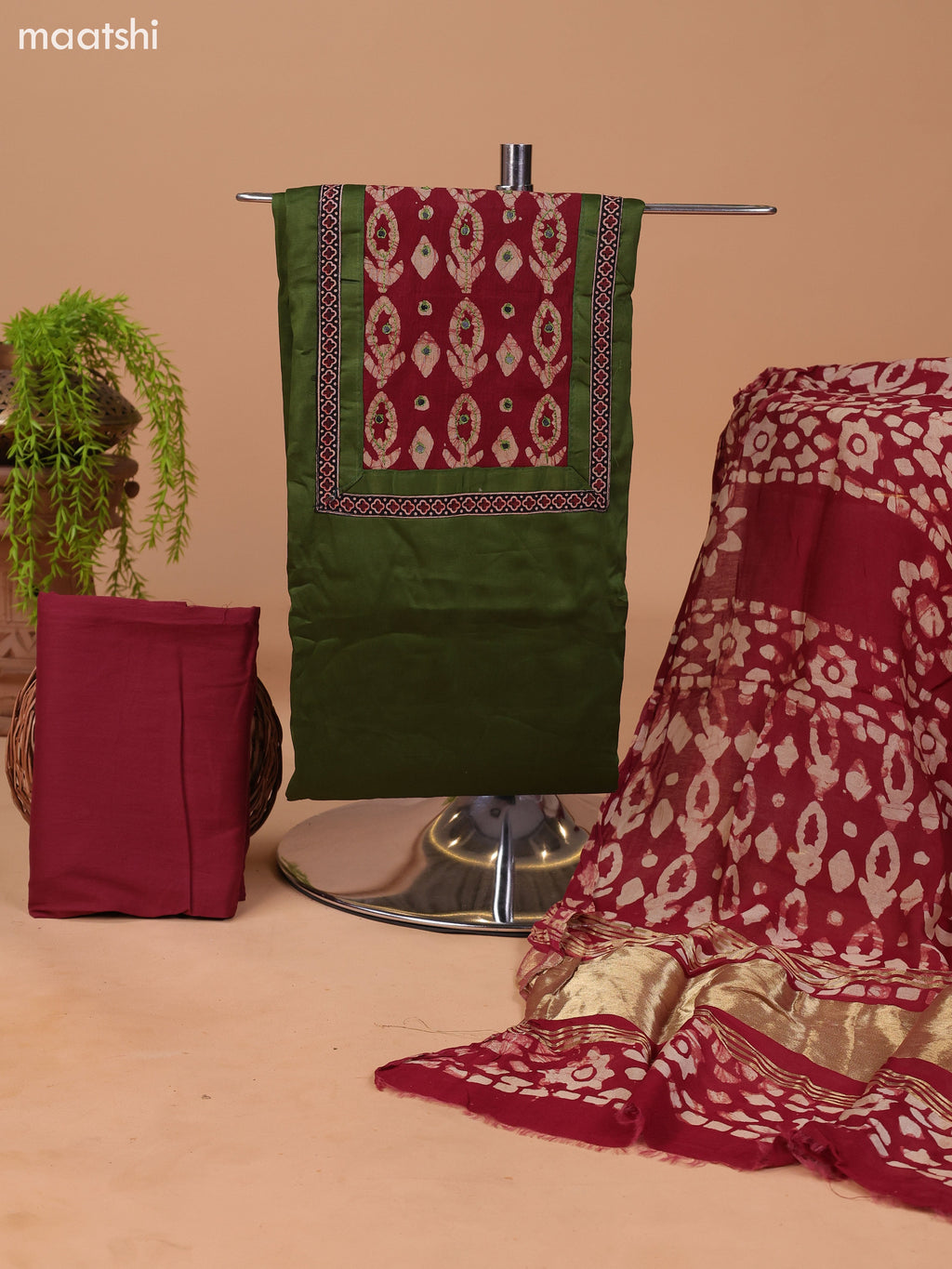 Sap Green and Maroon Cotton Dress Material With Plain Body & Batik Prints Patch Work Neck Pattern and Bottom & Dupatta