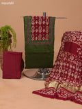 Sap Green and Maroon Cotton Dress Material With Plain Body & Batik Prints Patch Work Neck Pattern and Bottom & Dupatta