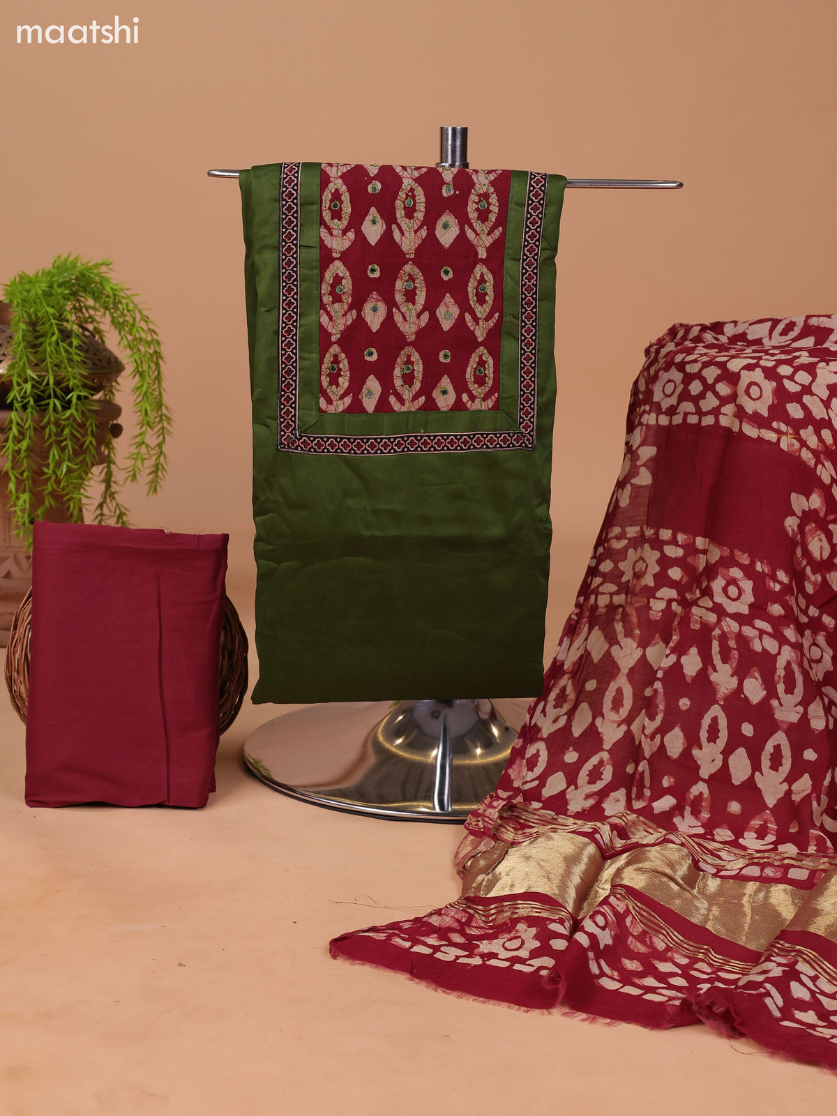 Sap Green and Maroon Cotton Dress Material With Plain Body & Batik Prints Patch Work Neck Pattern and Bottom & Dupatta