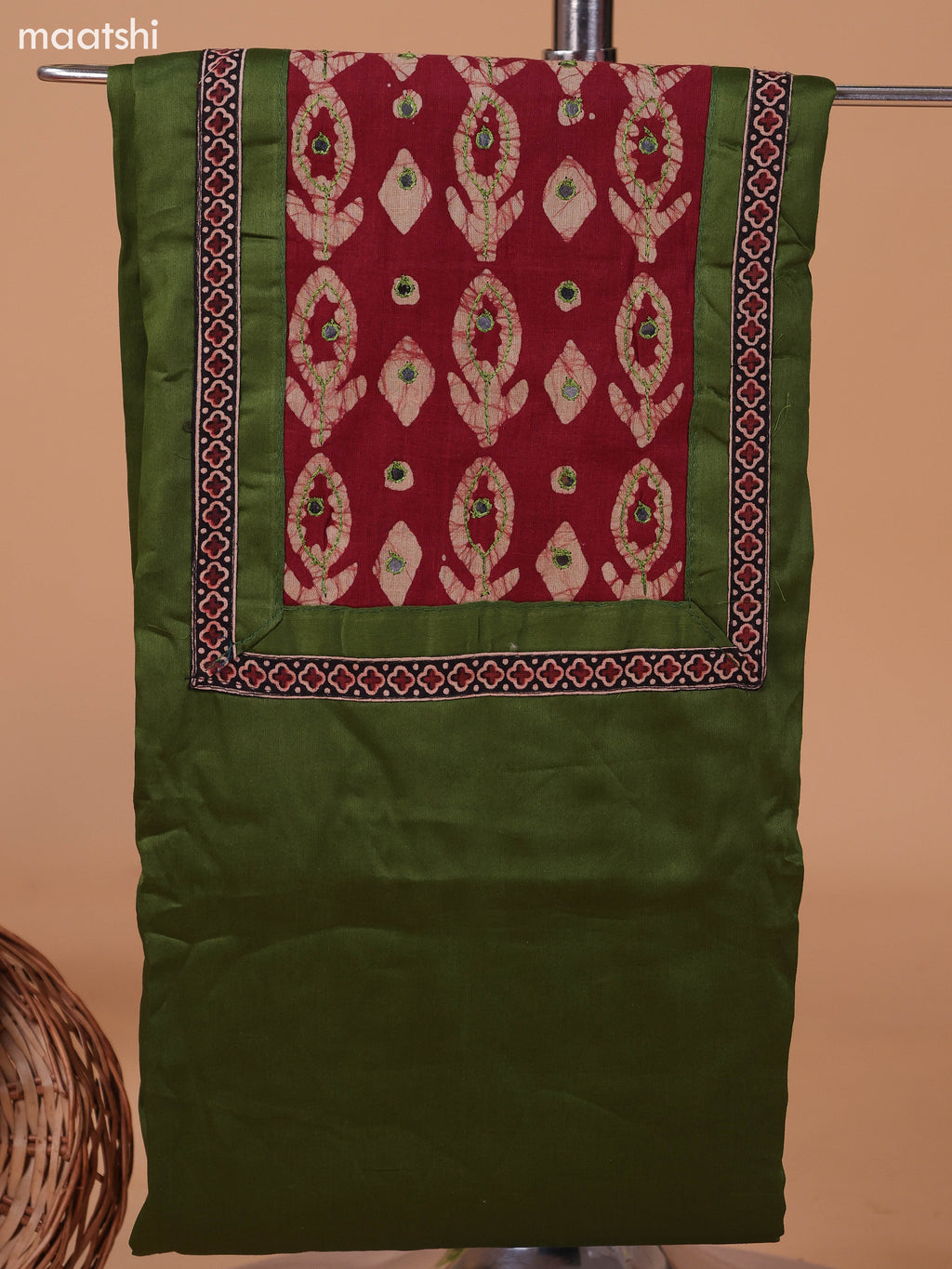 Sap Green and Maroon Cotton Dress Material With Plain Body & Batik Prints Patch Work Neck Pattern and Bottom & Dupatta