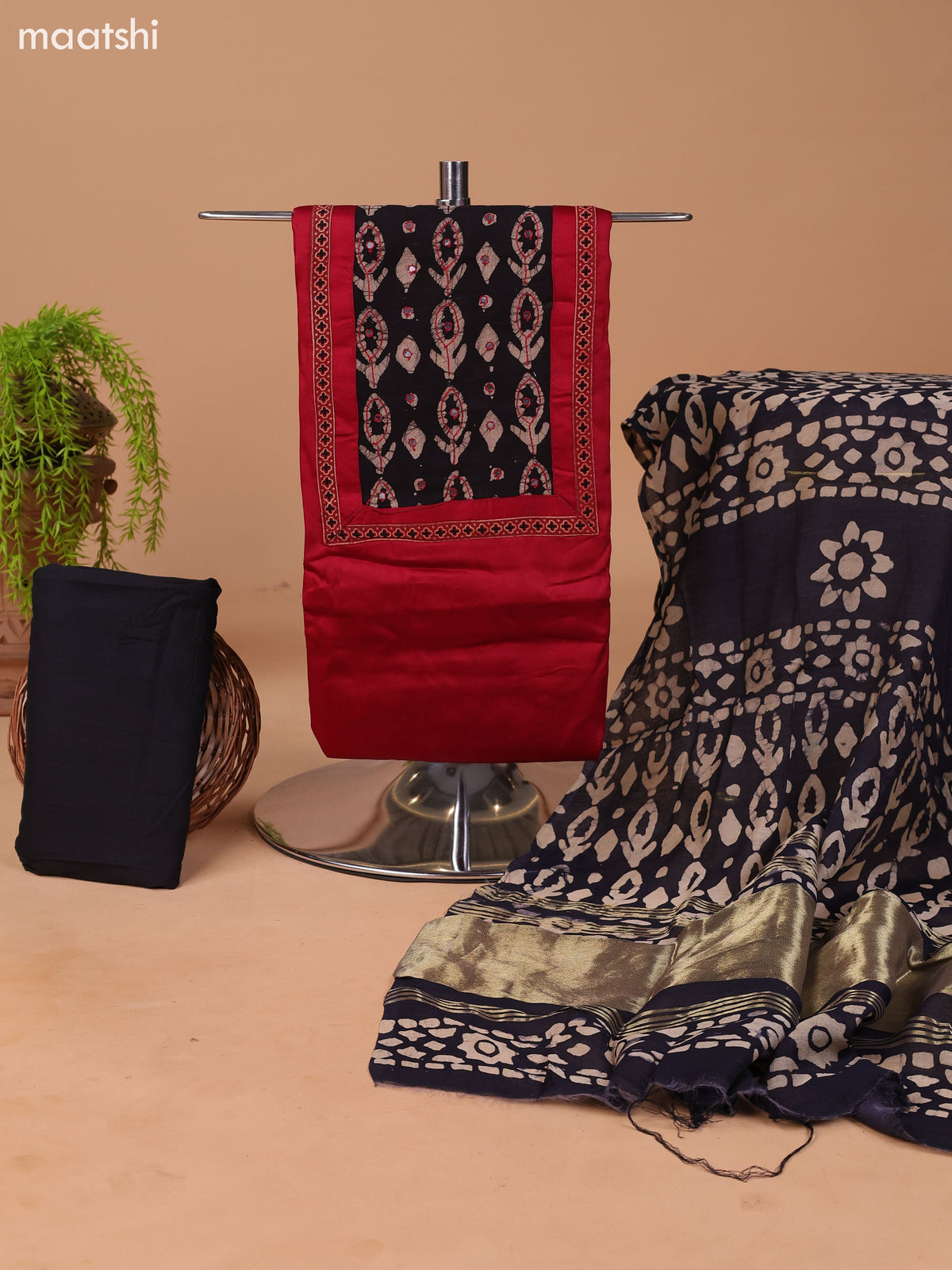 Maroon and Black Cotton Dress Material With Plain Body & Batik Prints Patch Work Neck Pattern and Bottom & Dupatta
