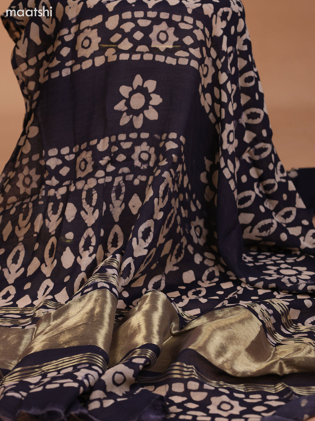 Maroon and Black Cotton Dress Material With Plain Body & Batik Prints Patch Work Neck Pattern and Bottom & Dupatta