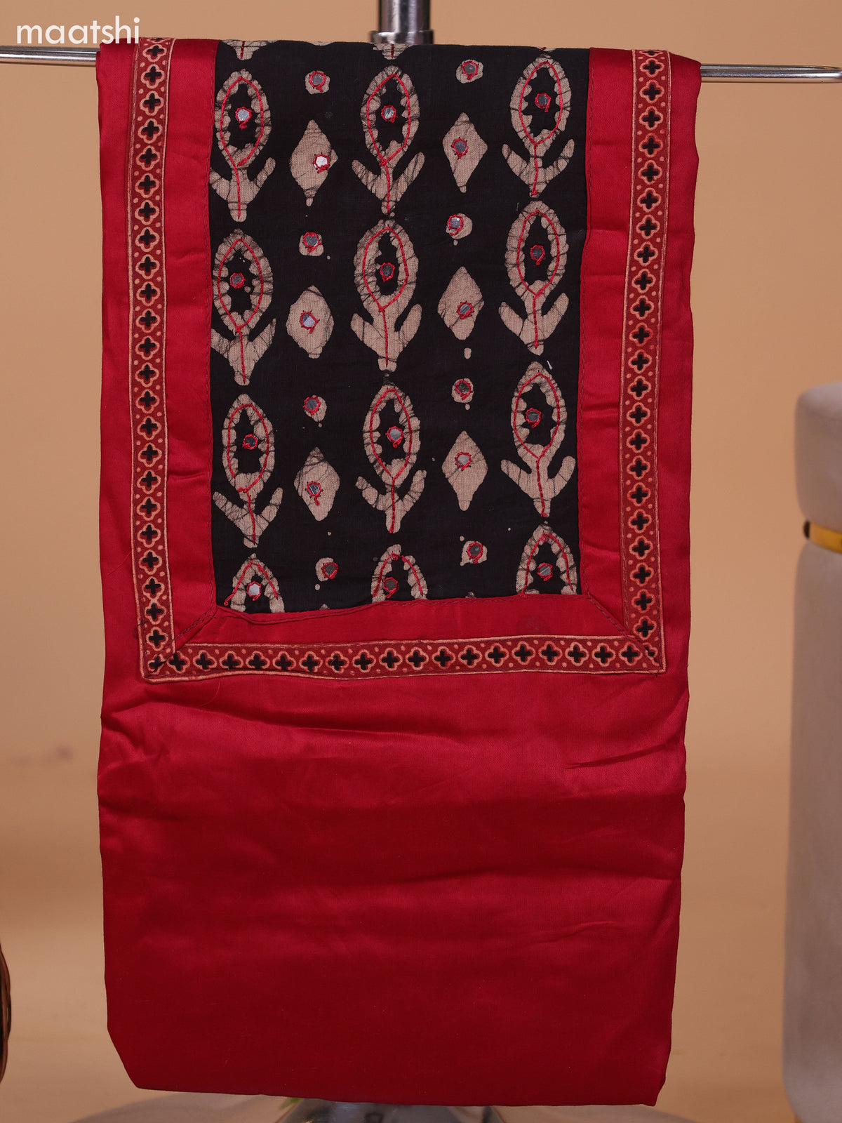 Maroon and Black Cotton Dress Material With Plain Body & Batik Prints Patch Work Neck Pattern and Bottom & Dupatta