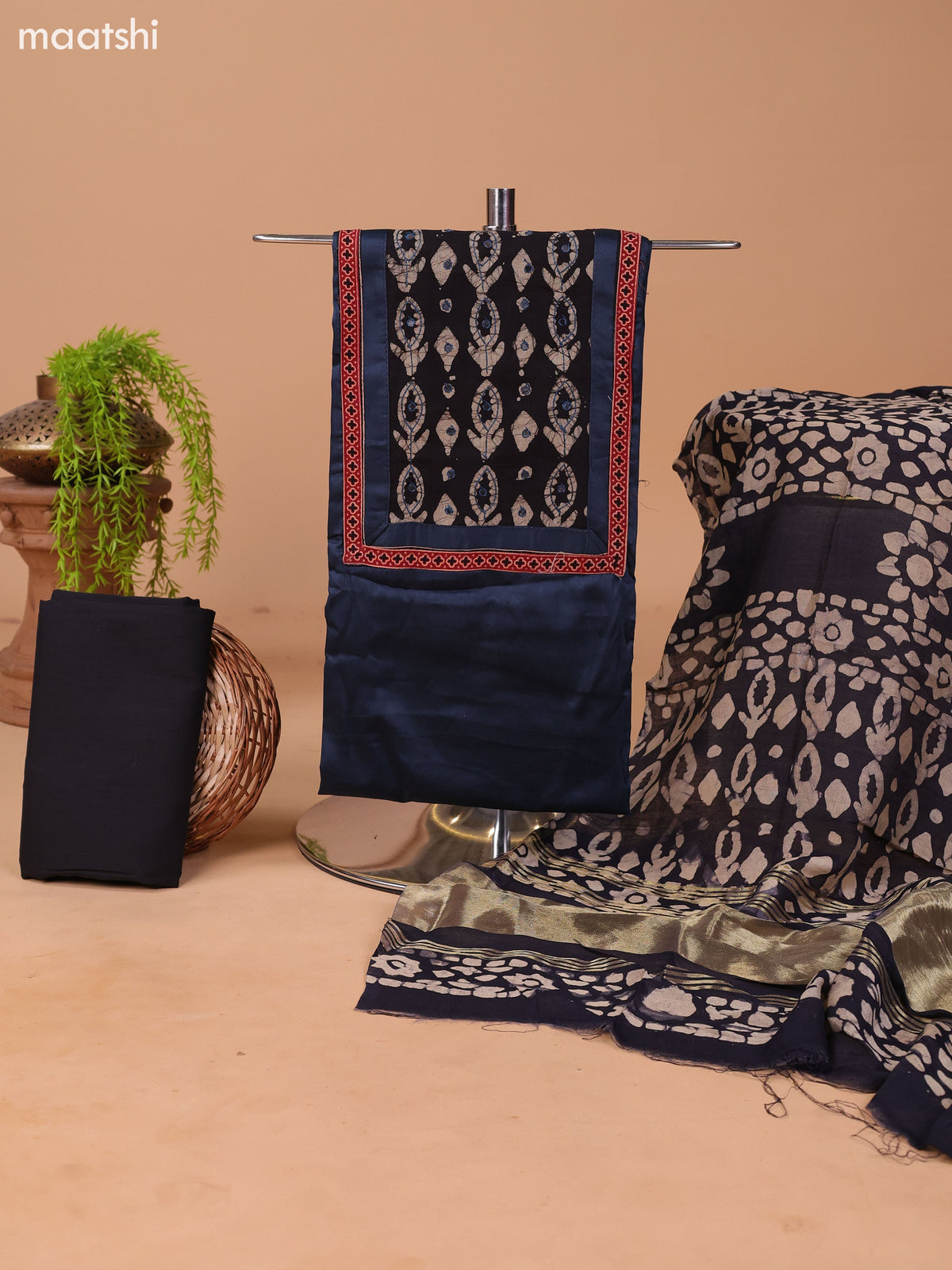 Dark Peacock Blue and Black Cotton Dress Material With Plain Body & Batik Prints Patch Work Neck Pattern and Bottom & Dupatta
