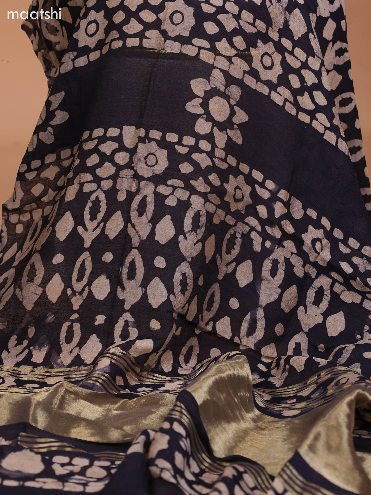 Dark Peacock Blue and Black Cotton Dress Material With Plain Body & Batik Prints Patch Work Neck Pattern and Bottom & Dupatta