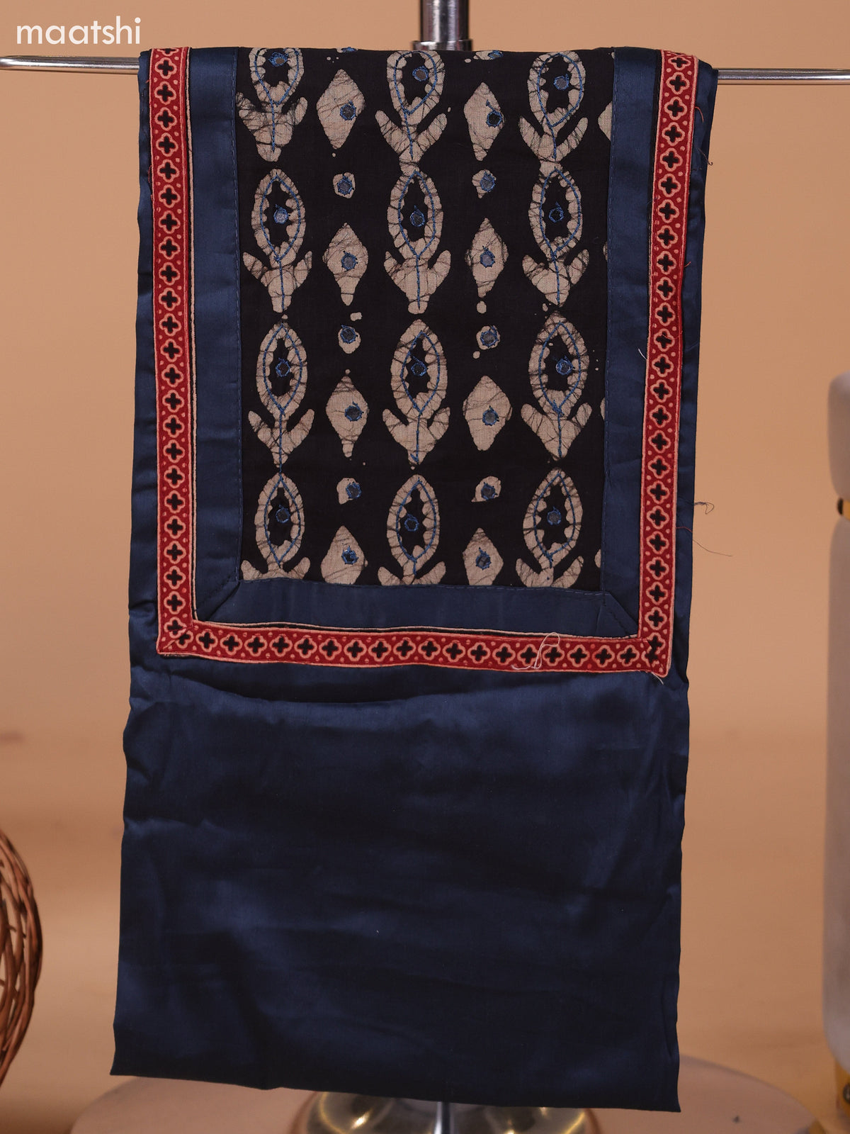 Dark Peacock Blue and Black Cotton Dress Material With Plain Body & Batik Prints Patch Work Neck Pattern and Bottom & Dupatta