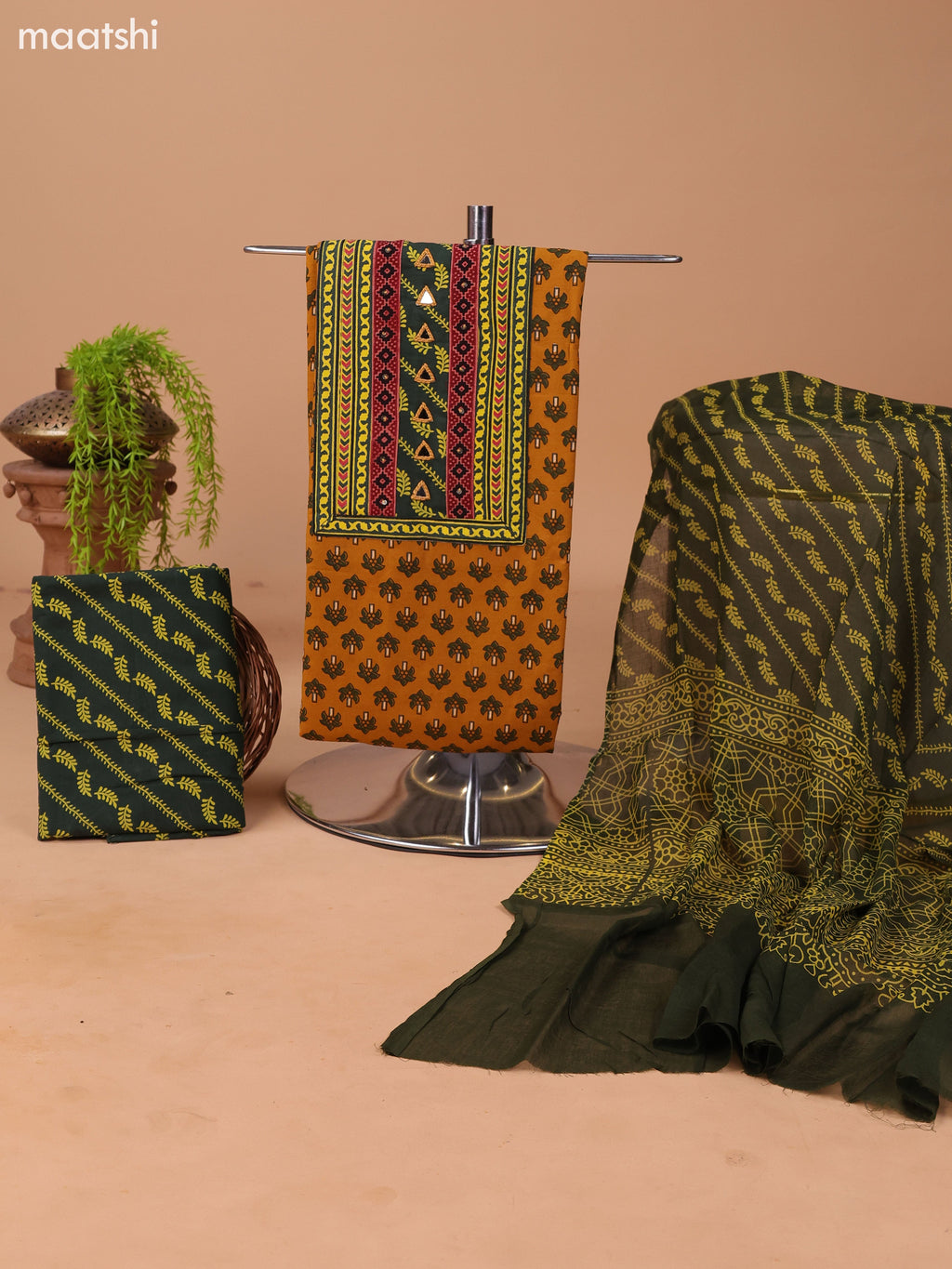 Mustard Yellow and Green Cotton Dress Material With Allover Butta Prints & Embroidery Work Neck Pattern and Bottom & Dupatta