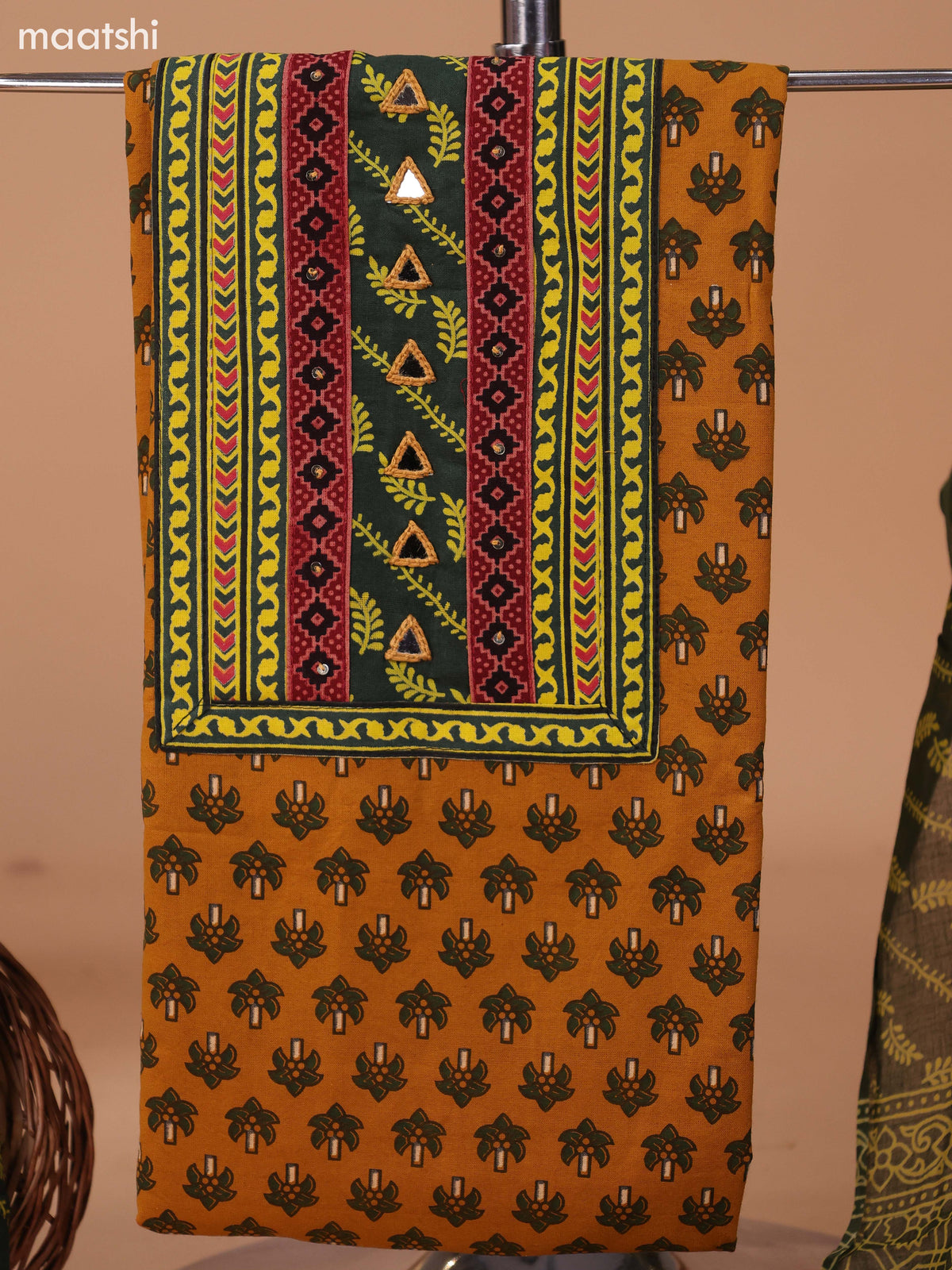 Mustard Yellow and Green Cotton Dress Material With Allover Butta Prints & Embroidery Work Neck Pattern and Bottom & Dupatta