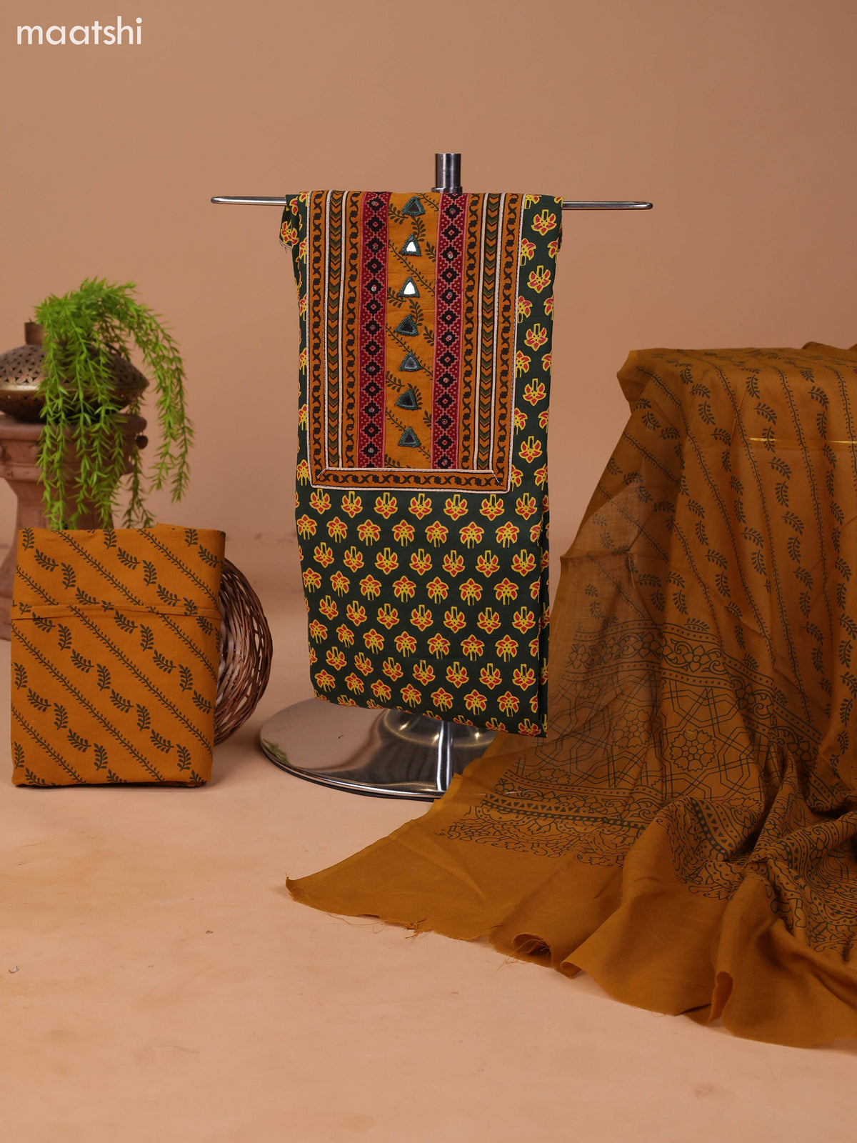 Green and Mustard Yellow Cotton Dress Material With Allover Butta Prints & Embroidery Work Neck Pattern and Bottom & Dupatta