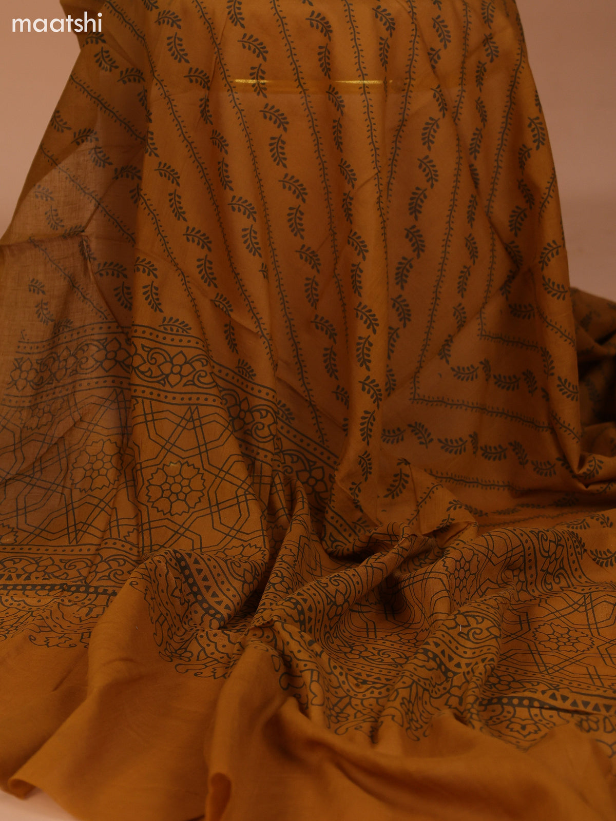 Green and Mustard Yellow Cotton Dress Material With Allover Butta Prints & Embroidery Work Neck Pattern and Bottom & Dupatta