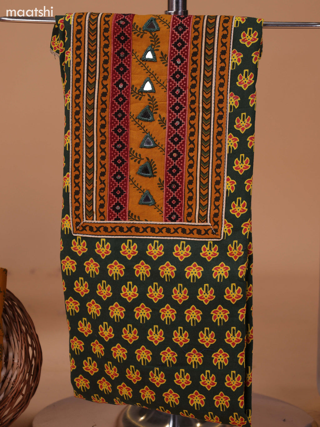 Green and Mustard Yellow Cotton Dress Material With Allover Butta Prints & Embroidery Work Neck Pattern and Bottom & Dupatta