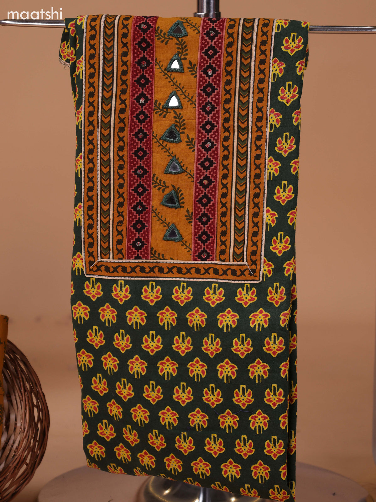Green and Mustard Yellow Cotton Dress Material With Allover Butta Prints & Embroidery Work Neck Pattern and Bottom & Dupatta