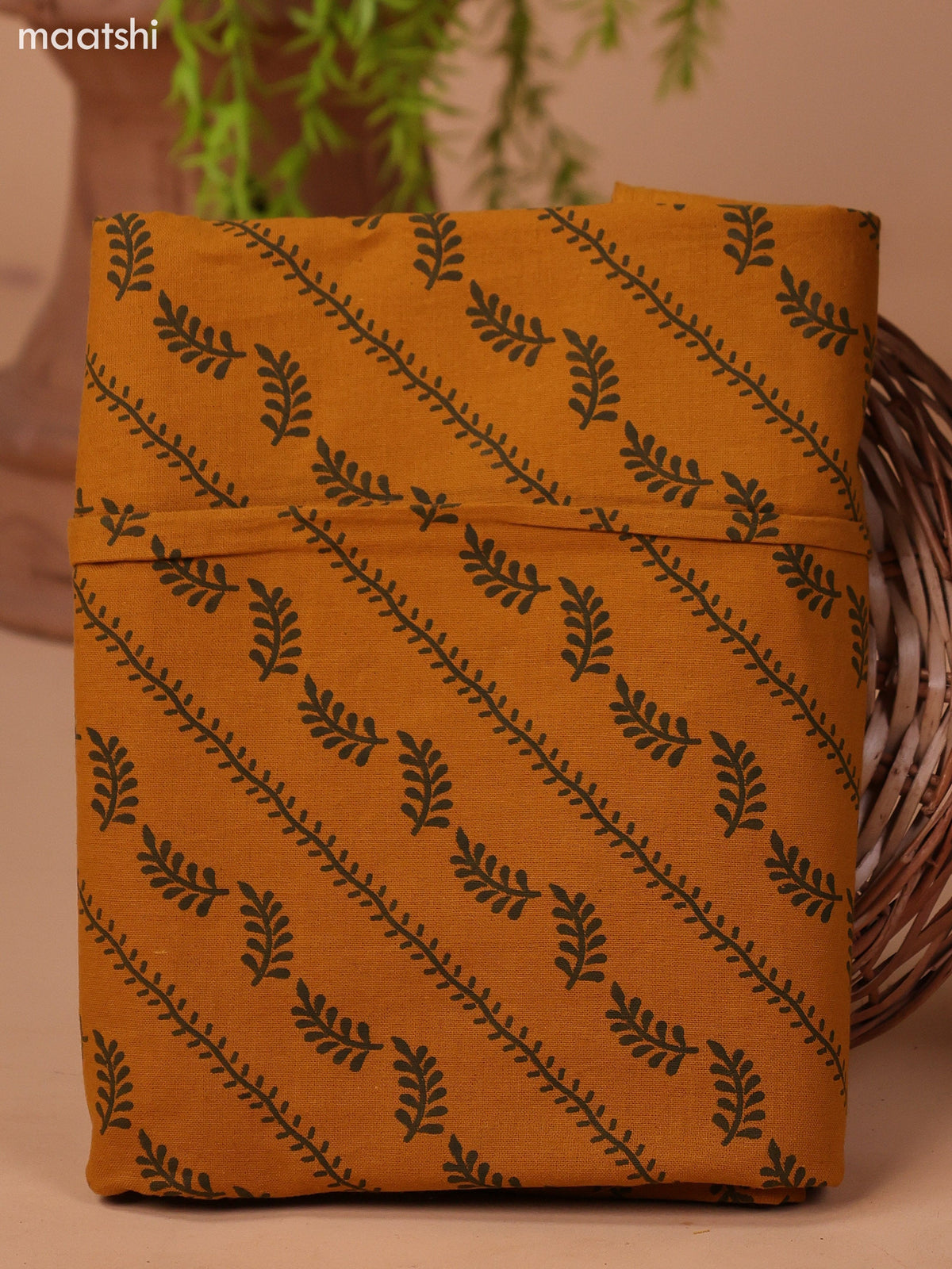 Green and Mustard Yellow Cotton Dress Material With Allover Butta Prints & Embroidery Work Neck Pattern and Bottom & Dupatta