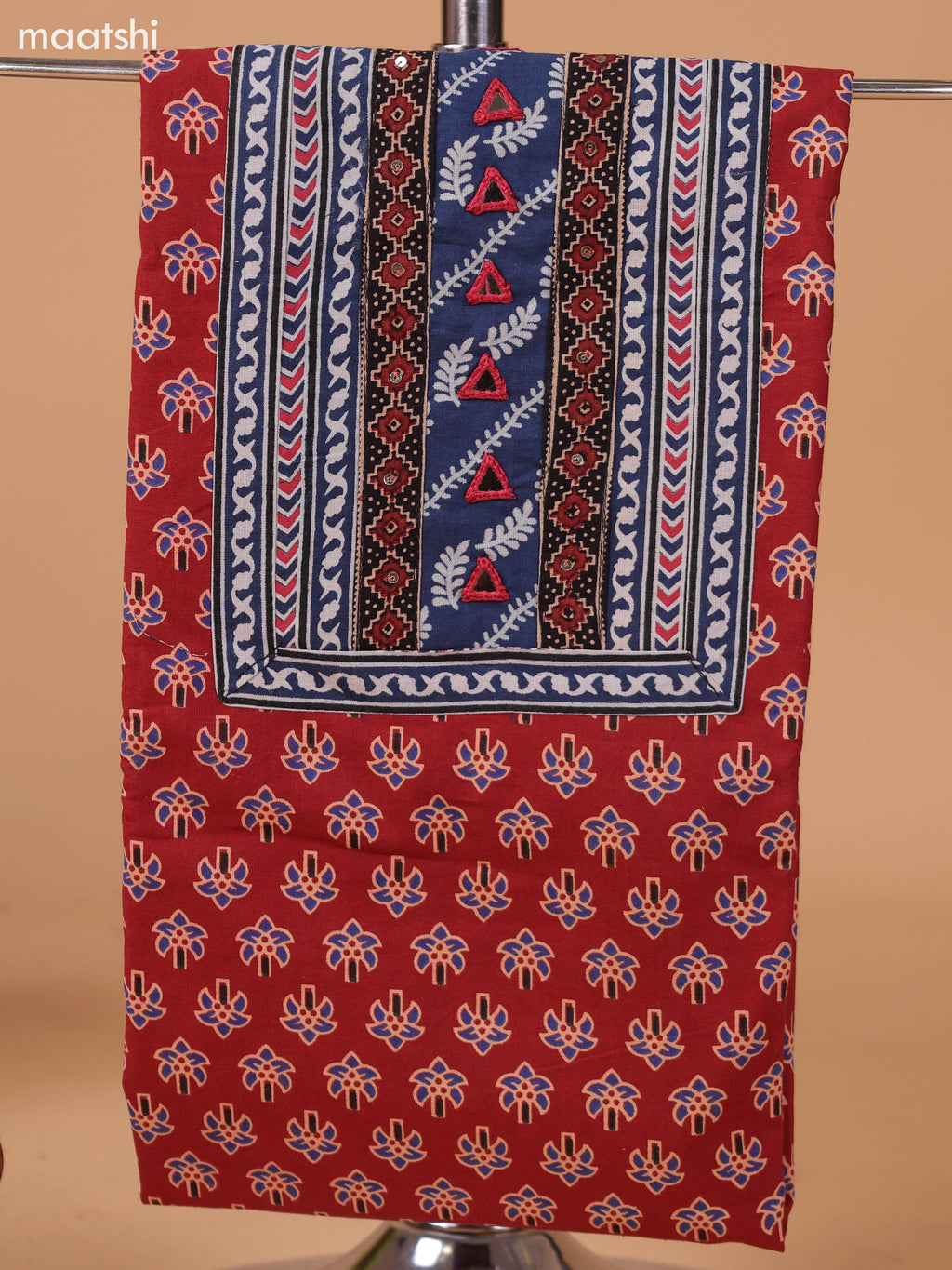 Rust and Navy Blue Cotton Dress Material With Allover Butta Prints & Embroidery Work Neck Pattern and Bottom & Dupatta