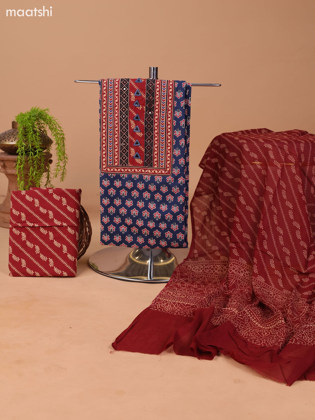Navy Blue and Rust Cotton Dress Material With Allover Butta Prints & Embroidery Work Neck Pattern and Bottom & Dupatta