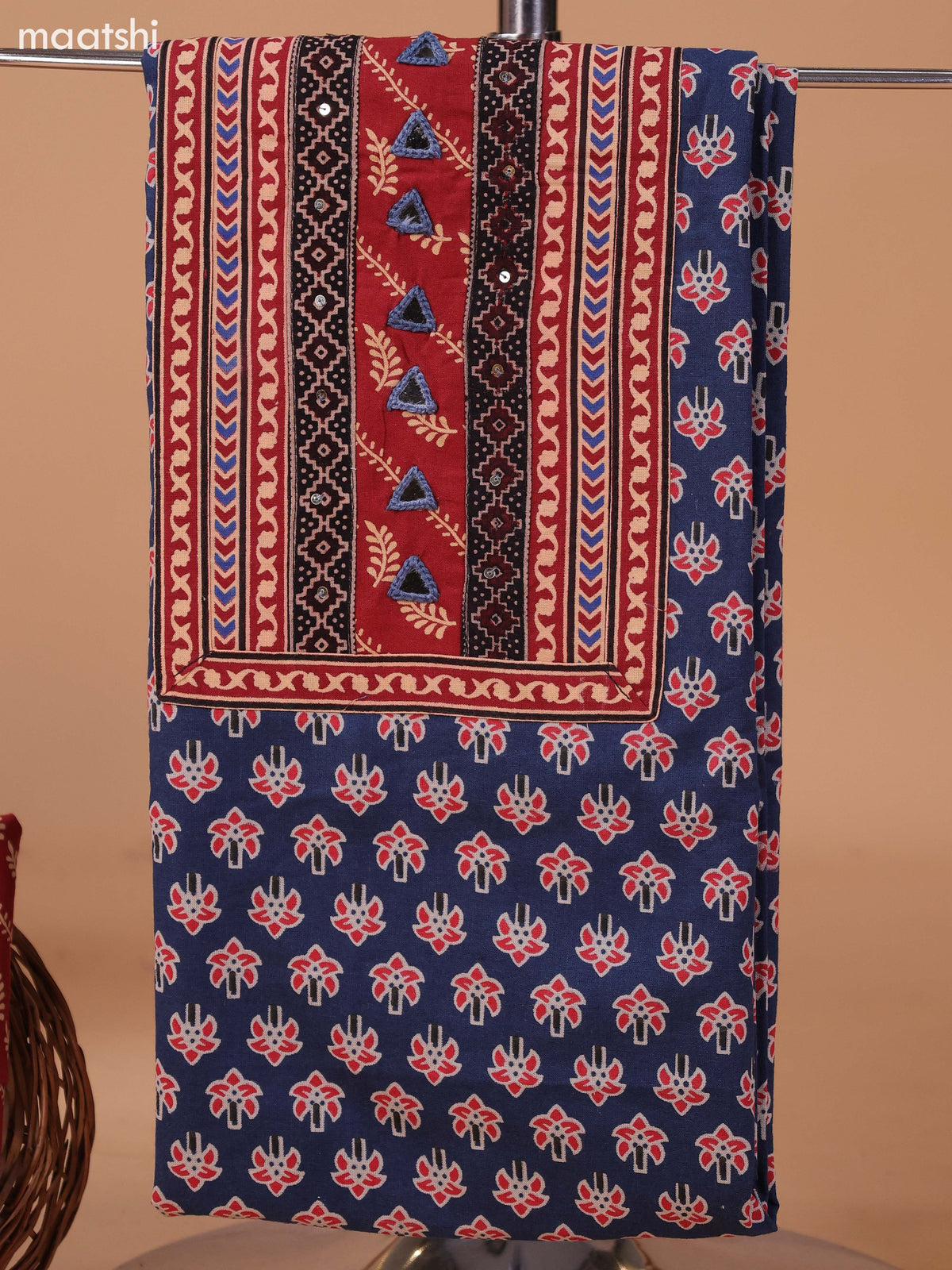 Navy Blue and Rust Cotton Dress Material With Allover Butta Prints & Embroidery Work Neck Pattern and Bottom & Dupatta