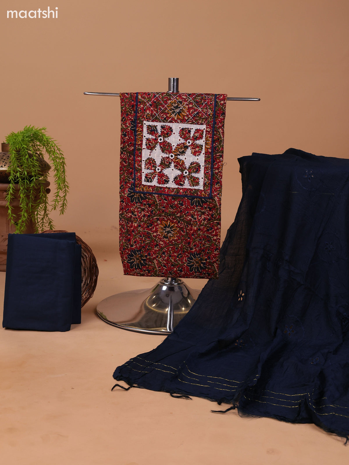 Dark Rust and Dark Navy Blue Cotton Dress Material With Allover Kalamkari Prints & Patch Work Neck Pattern and Bottom & Dupatta